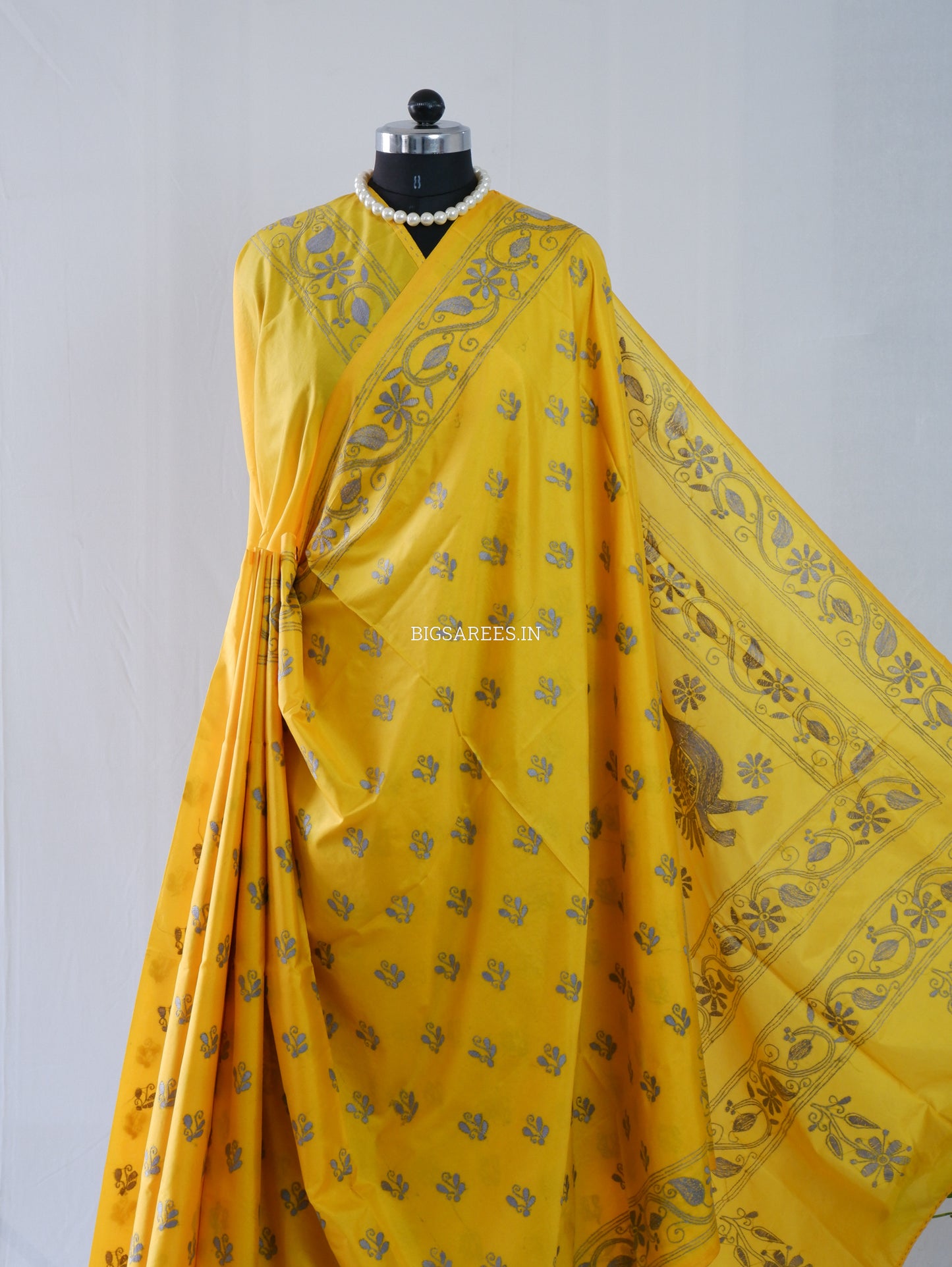 Kantha Stitch Hand Embroidered Saree | Blended Bangalore Silk / Art Silk | Yellow