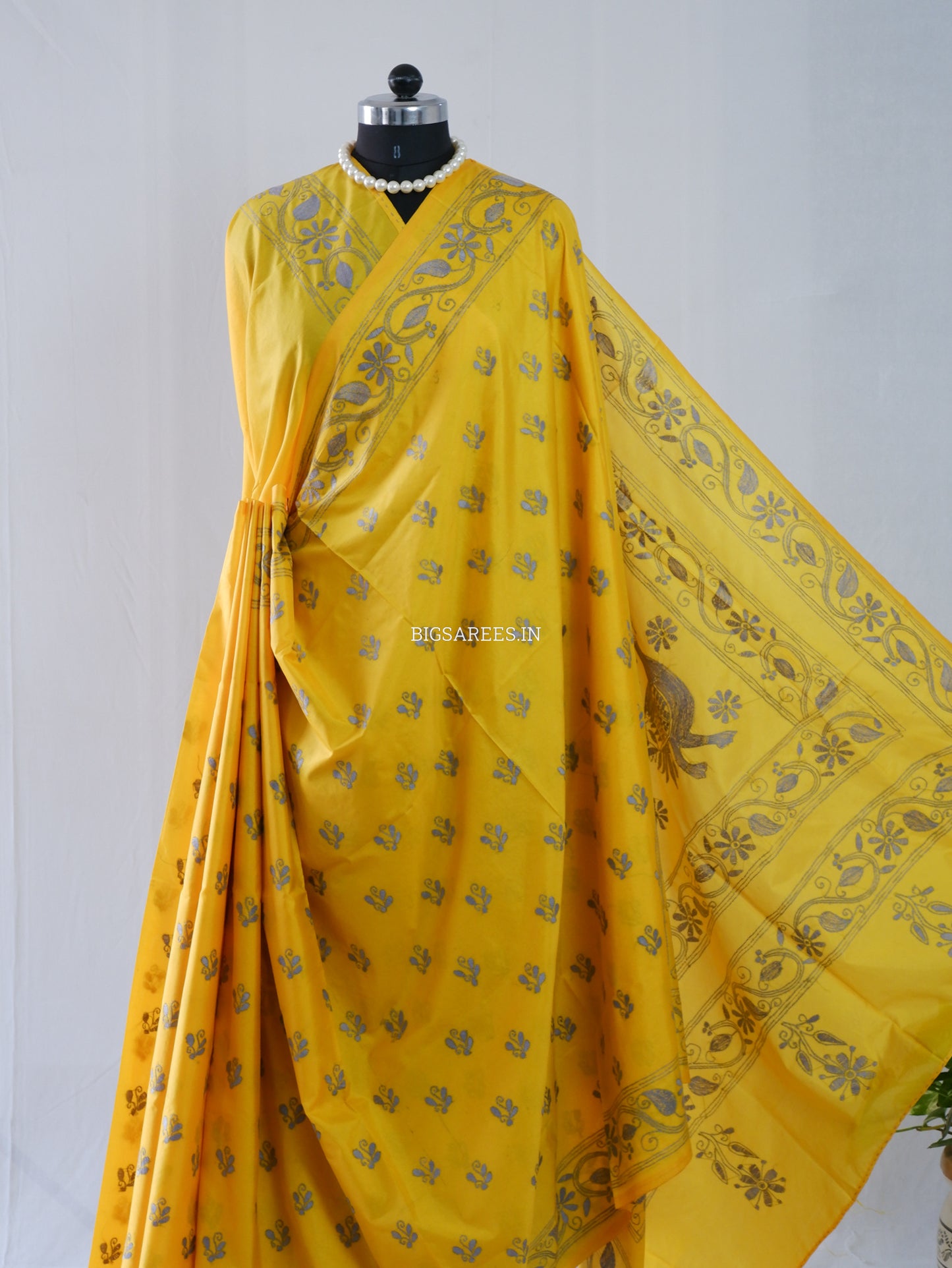 Kantha Stitch Hand Embroidered Saree | Blended Bangalore Silk / Art Silk | Yellow