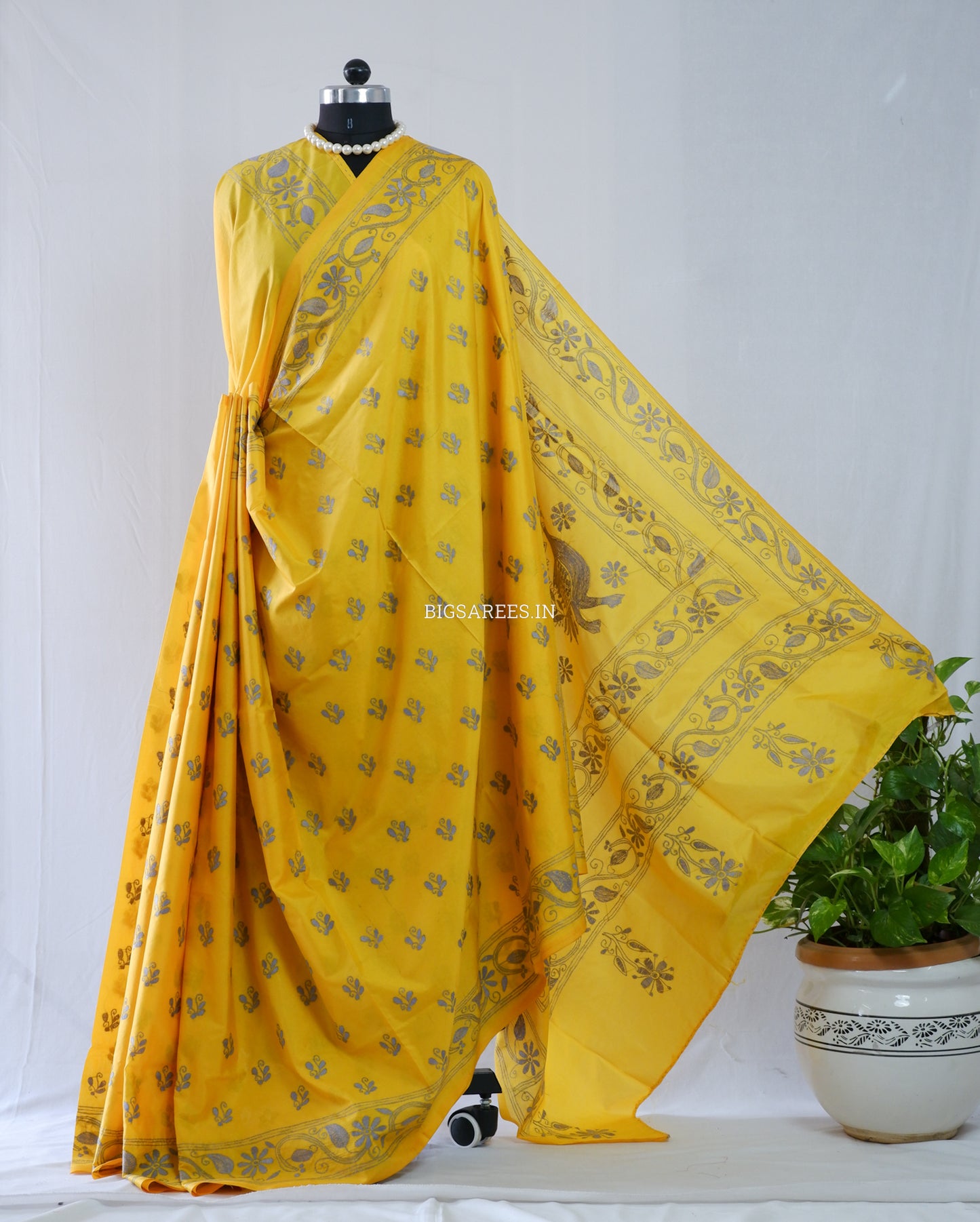 Kantha Stitch Hand Embroidered Saree | Blended Bangalore Silk / Art Silk | Yellow