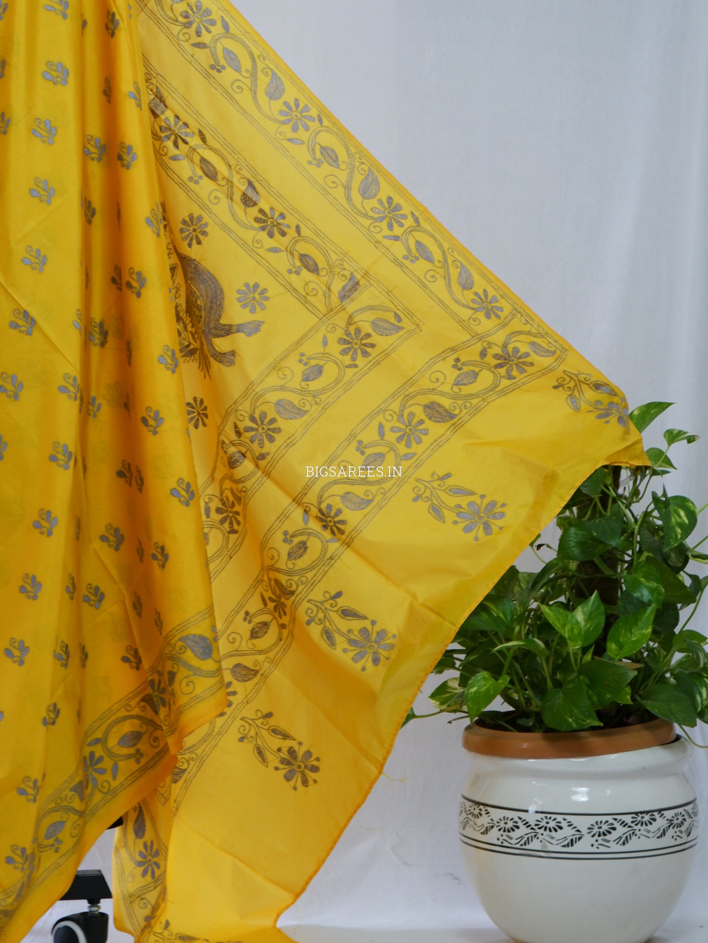 Kantha Stitch Hand Embroidered Saree | Blended Bangalore Silk / Art Silk | Yellow