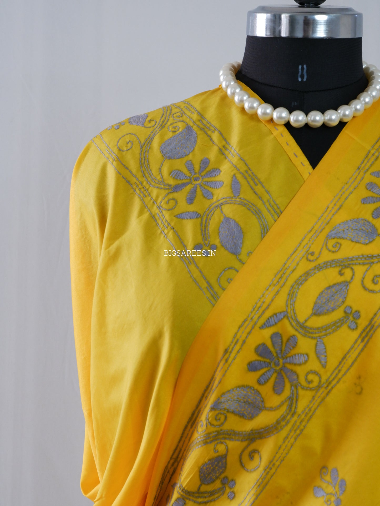 Kantha Stitch Hand Embroidered Saree | Blended Bangalore Silk / Art Silk | Yellow