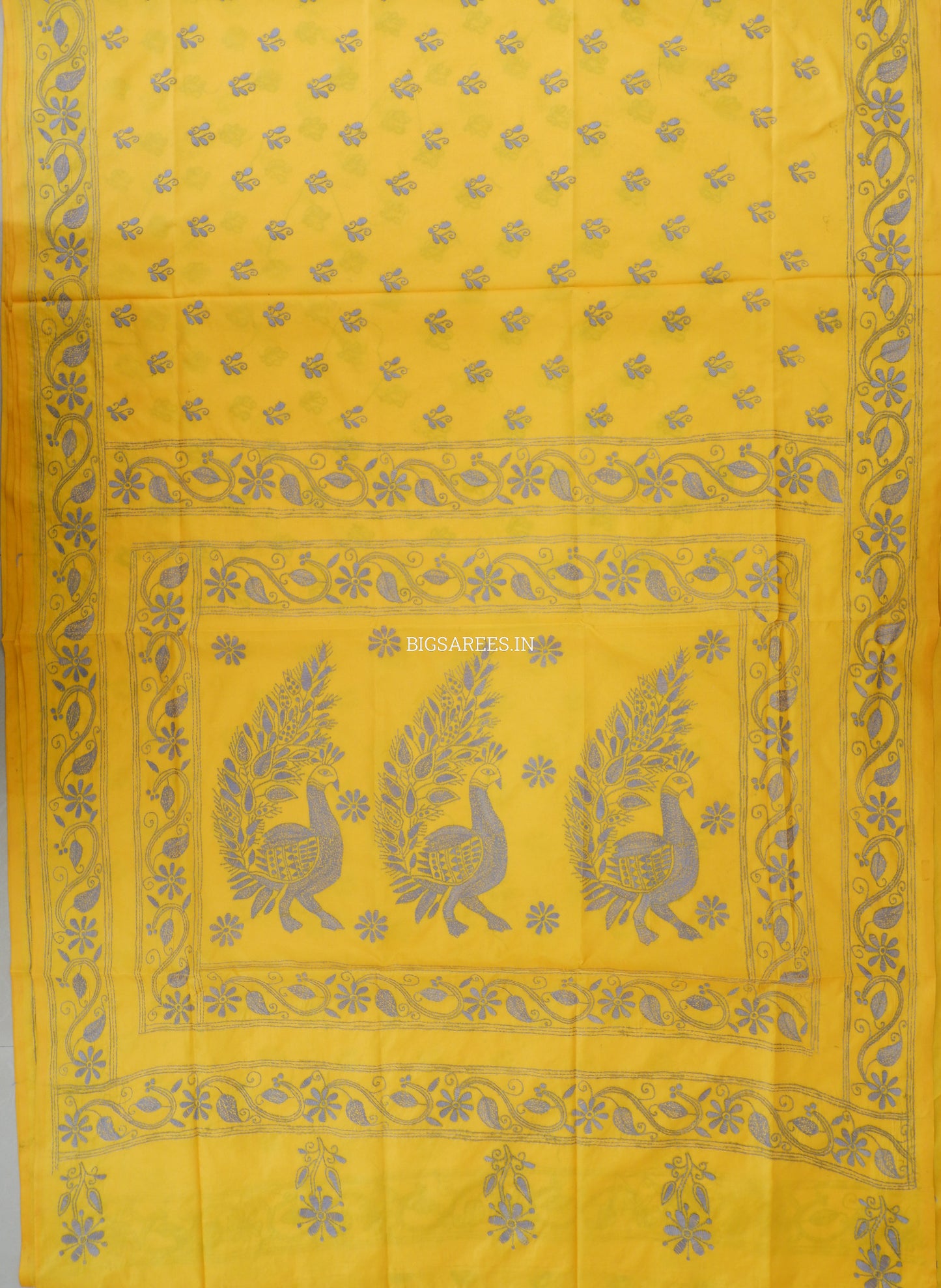 Kantha Stitch Hand Embroidered Saree | Blended Bangalore Silk / Art Silk | Yellow