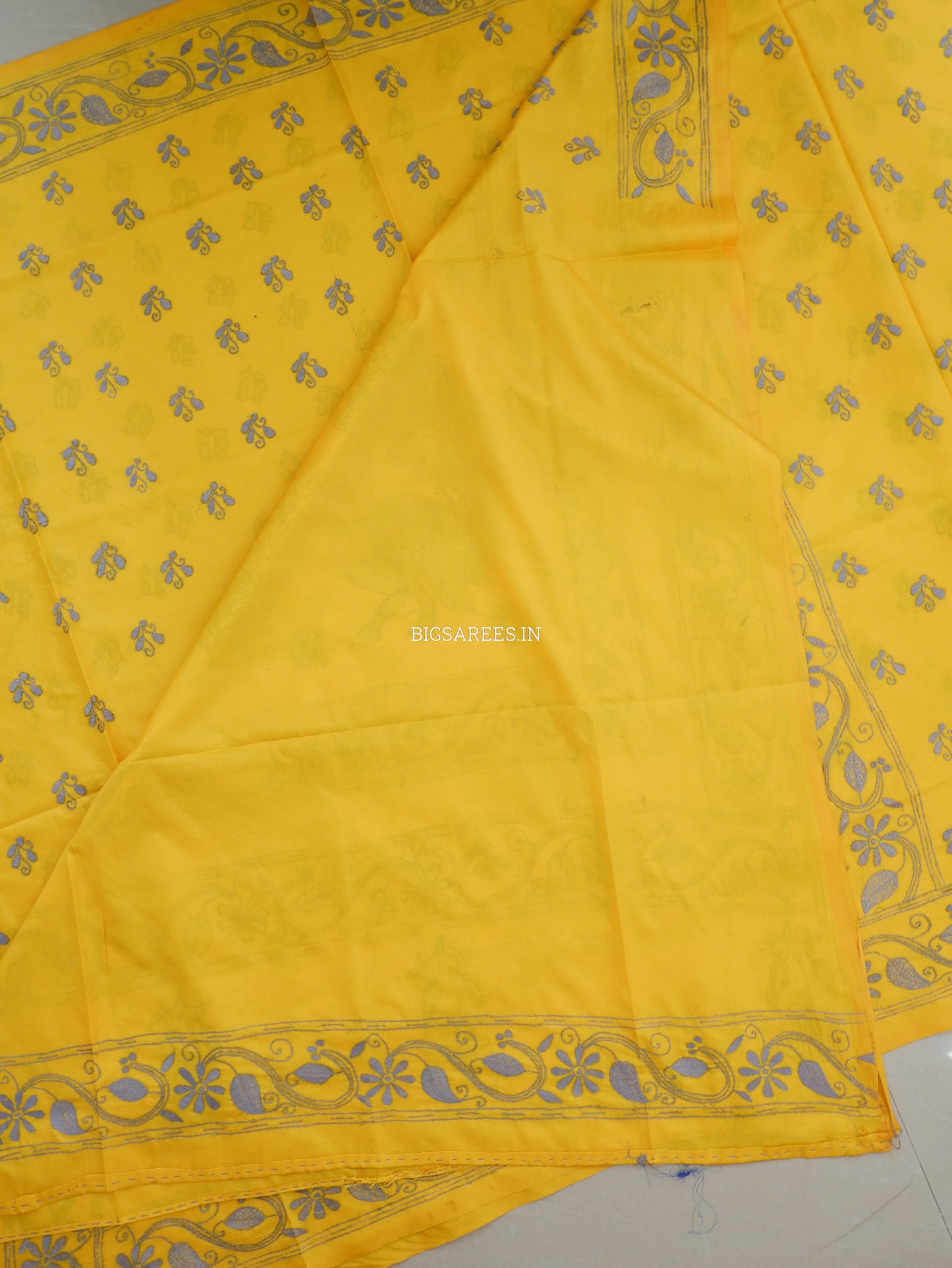 Kantha Stitch Hand Embroidered Saree | Blended Bangalore Silk / Art Silk | Yellow