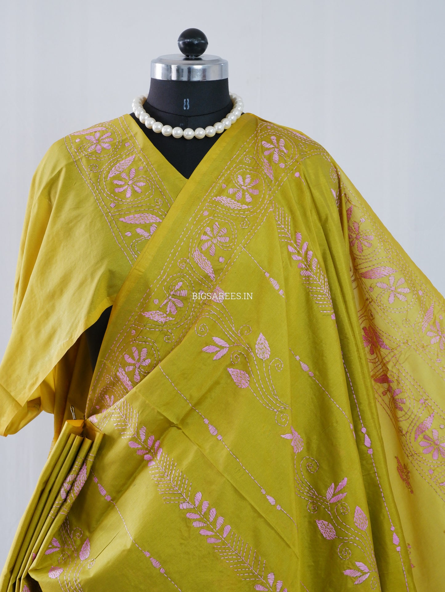 Kantha Stitch Hand Embroidered Saree | Blended Bangalore Silk / Art Silk | Bright Olive