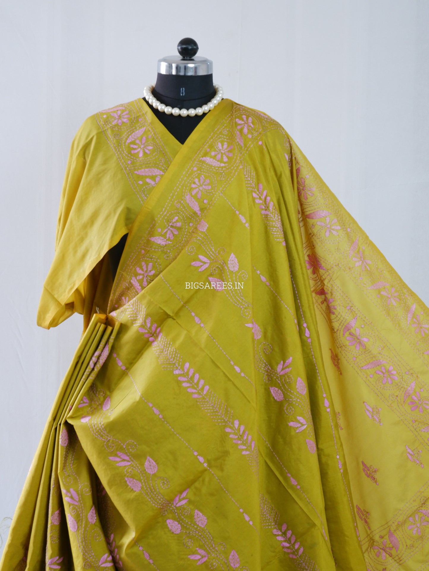 Kantha Stitch Hand Embroidered Saree | Blended Bangalore Silk / Art Silk | Bright Olive