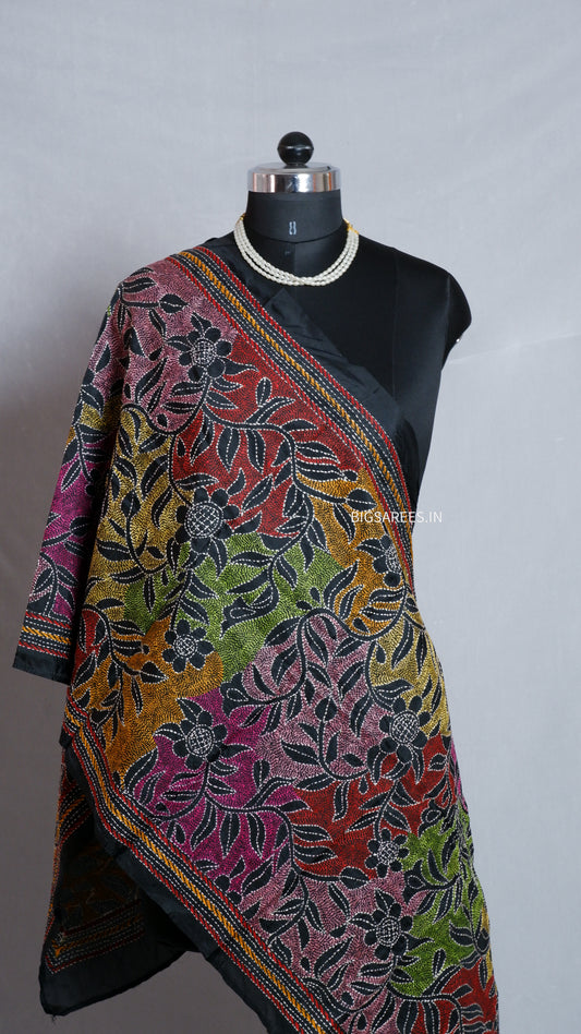 Kantha Art Silk Stole | Black | 22" |