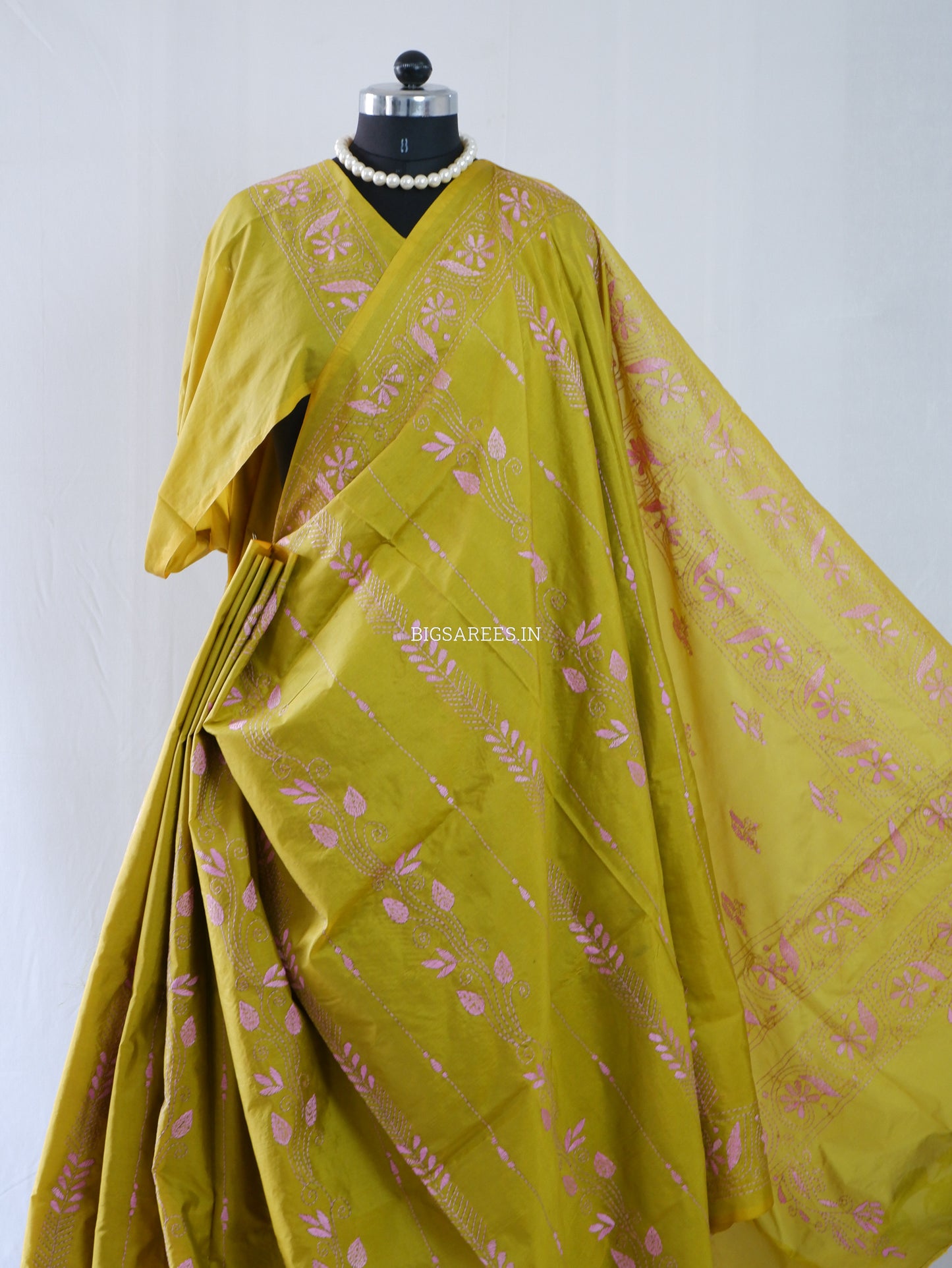 Kantha Stitch Hand Embroidered Saree | Blended Bangalore Silk / Art Silk | Bright Olive