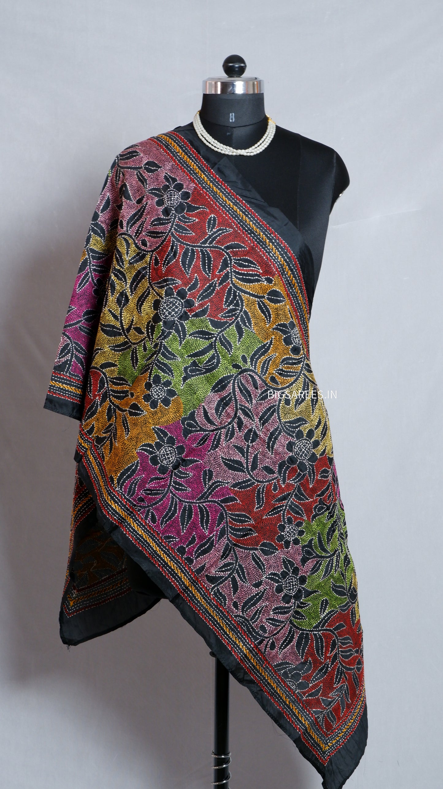 Kantha Art Silk Stole | Black | 22" |