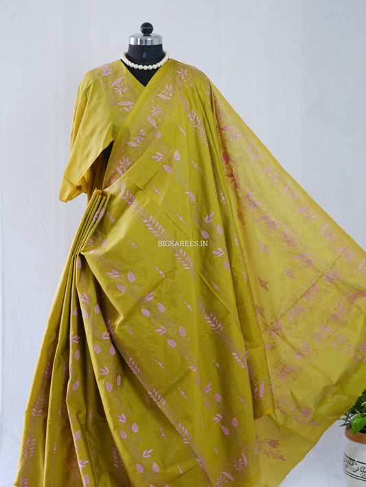 Kantha Stitch Hand Embroidered Saree | Blended Bangalore Silk / Art Silk | Bright Olive