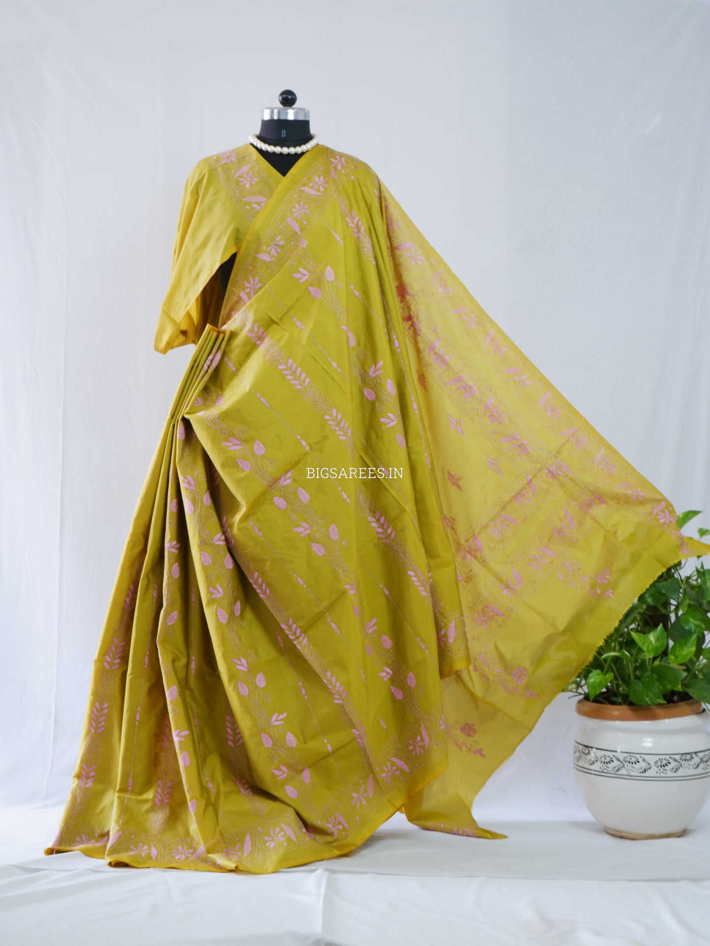 Kantha Stitch Hand Embroidered Saree | Blended Bangalore Silk / Art Silk | Bright Olive