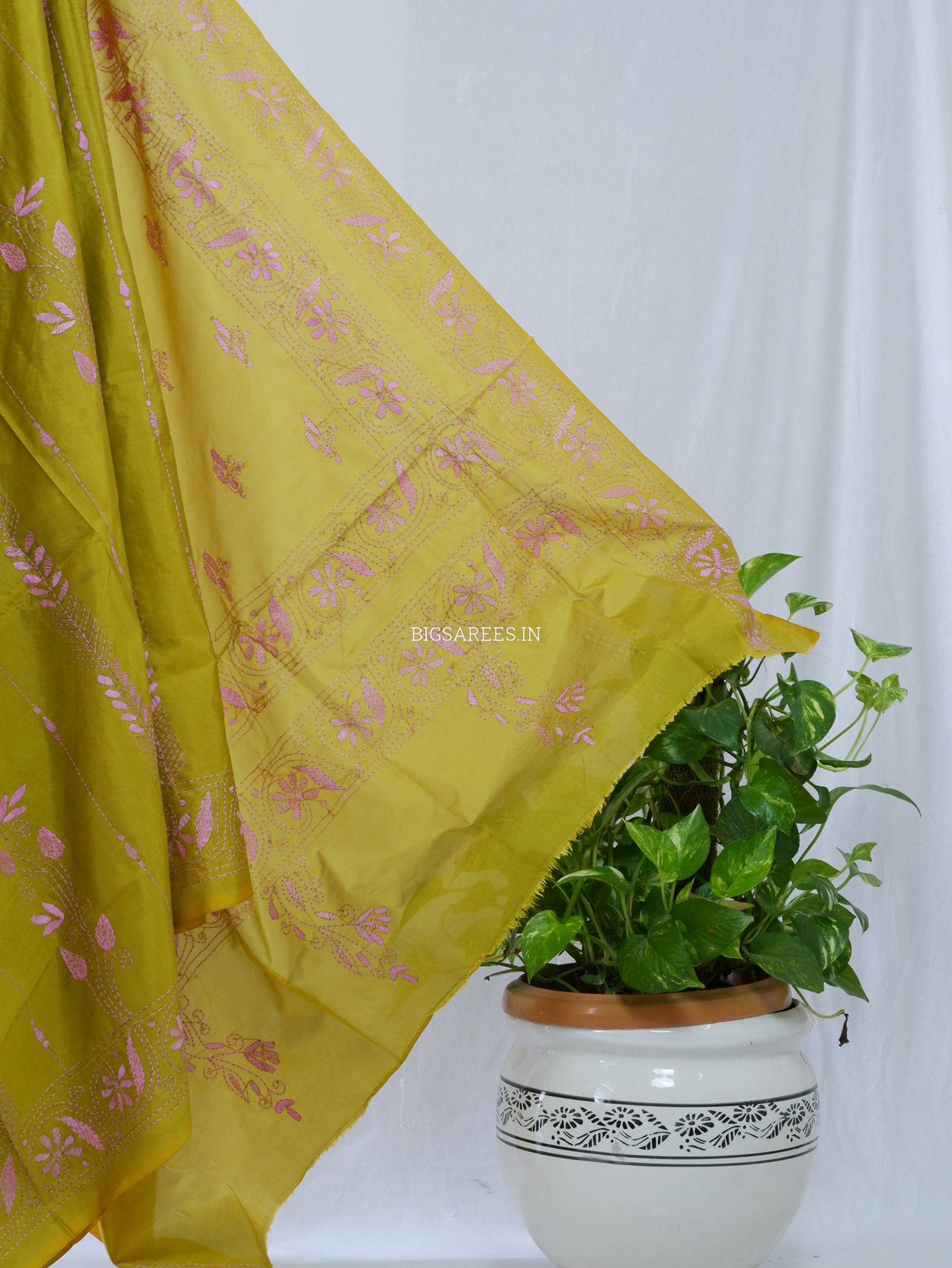 Kantha Stitch Hand Embroidered Saree | Blended Bangalore Silk / Art Silk | Bright Olive