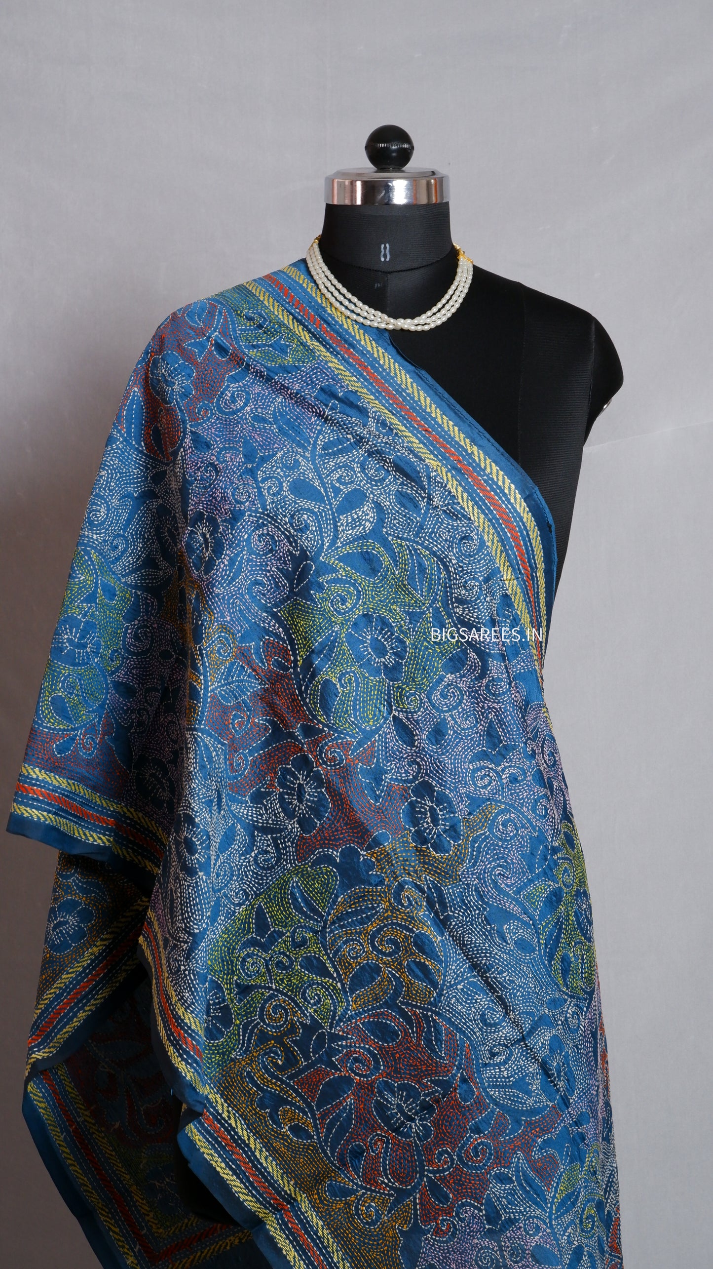 Kantha Art Silk Stole | Sapphire Blue | 22" |