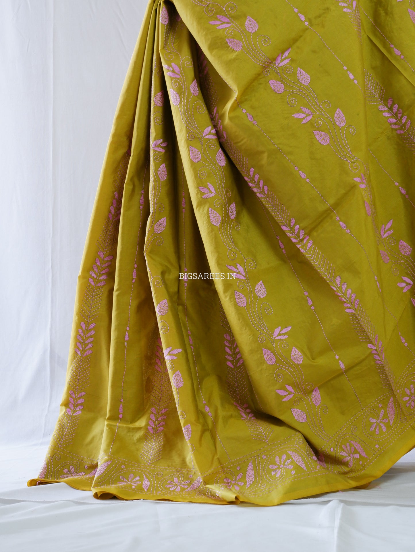 Kantha Stitch Hand Embroidered Saree | Blended Bangalore Silk / Art Silk | Bright Olive