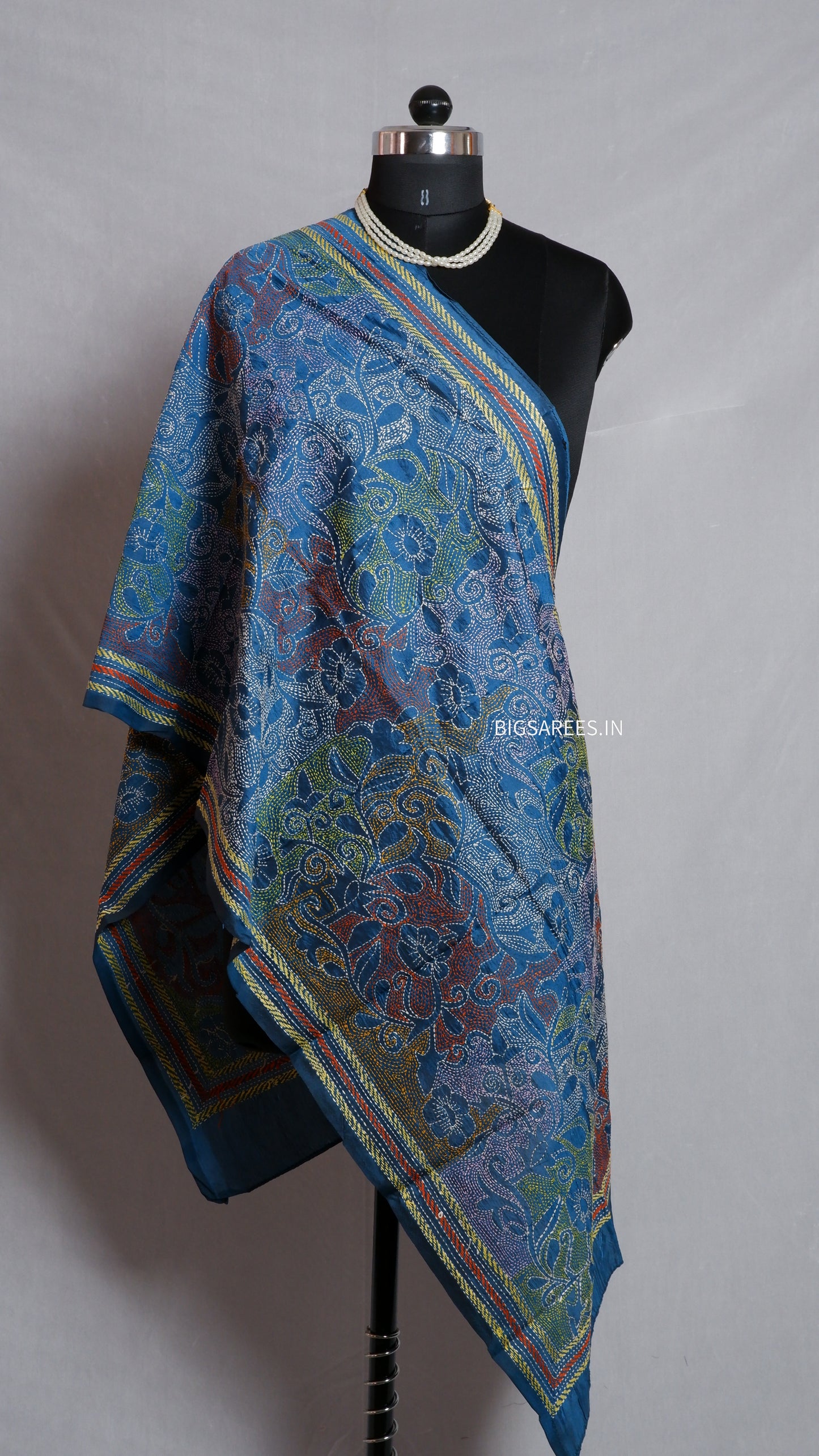 Kantha Art Silk Stole | Sapphire Blue | 22" |