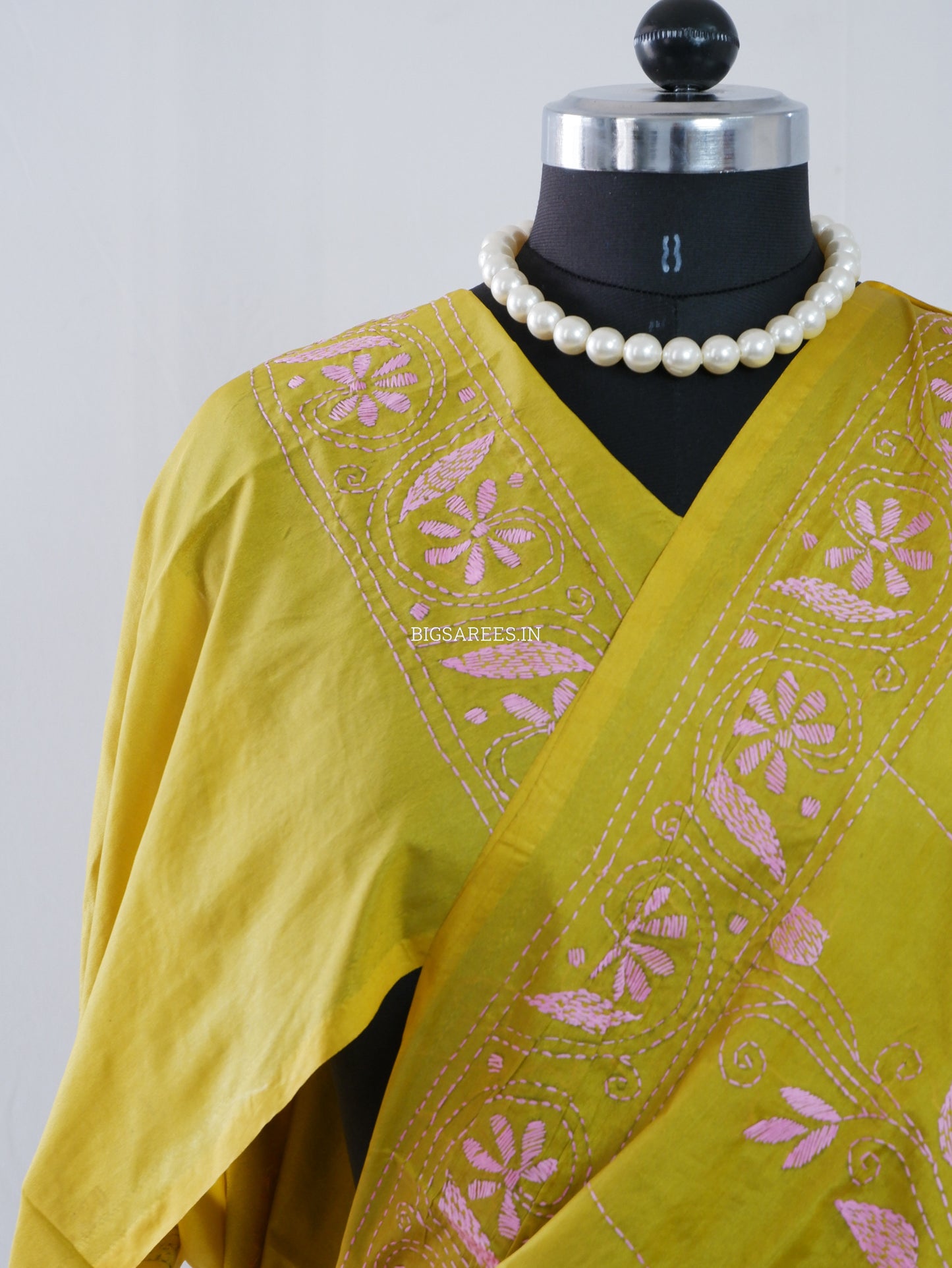 Kantha Stitch Hand Embroidered Saree | Blended Bangalore Silk / Art Silk | Bright Olive