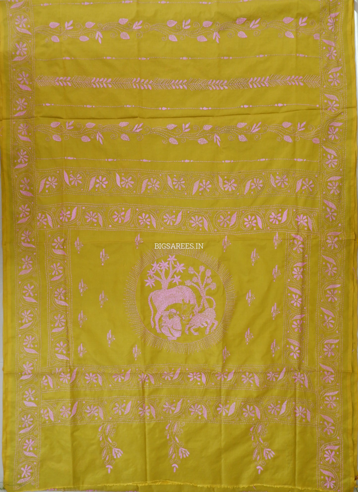 Kantha Stitch Hand Embroidered Saree | Blended Bangalore Silk / Art Silk | Bright Olive