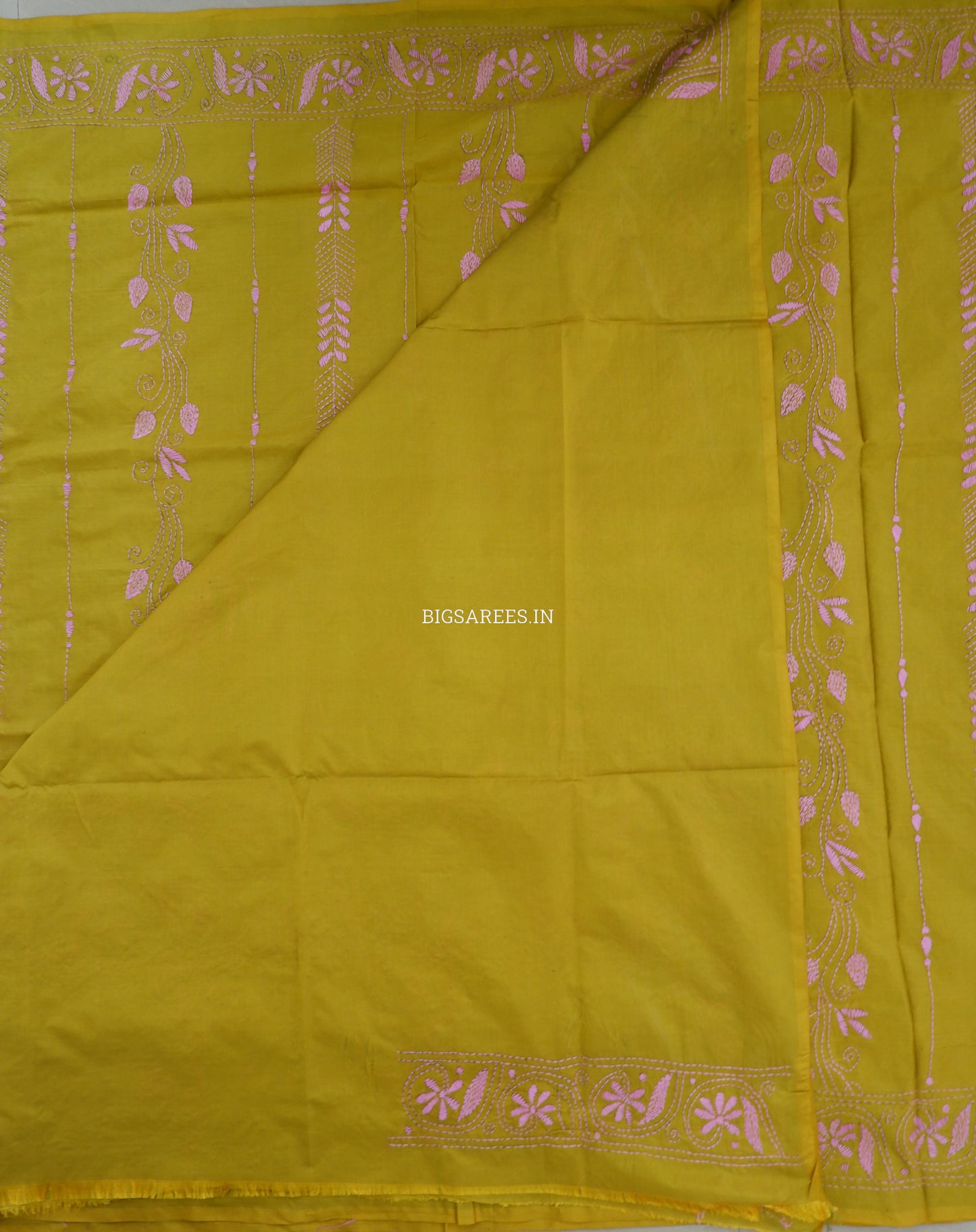 Kantha Stitch Hand Embroidered Saree | Blended Bangalore Silk / Art Silk | Bright Olive