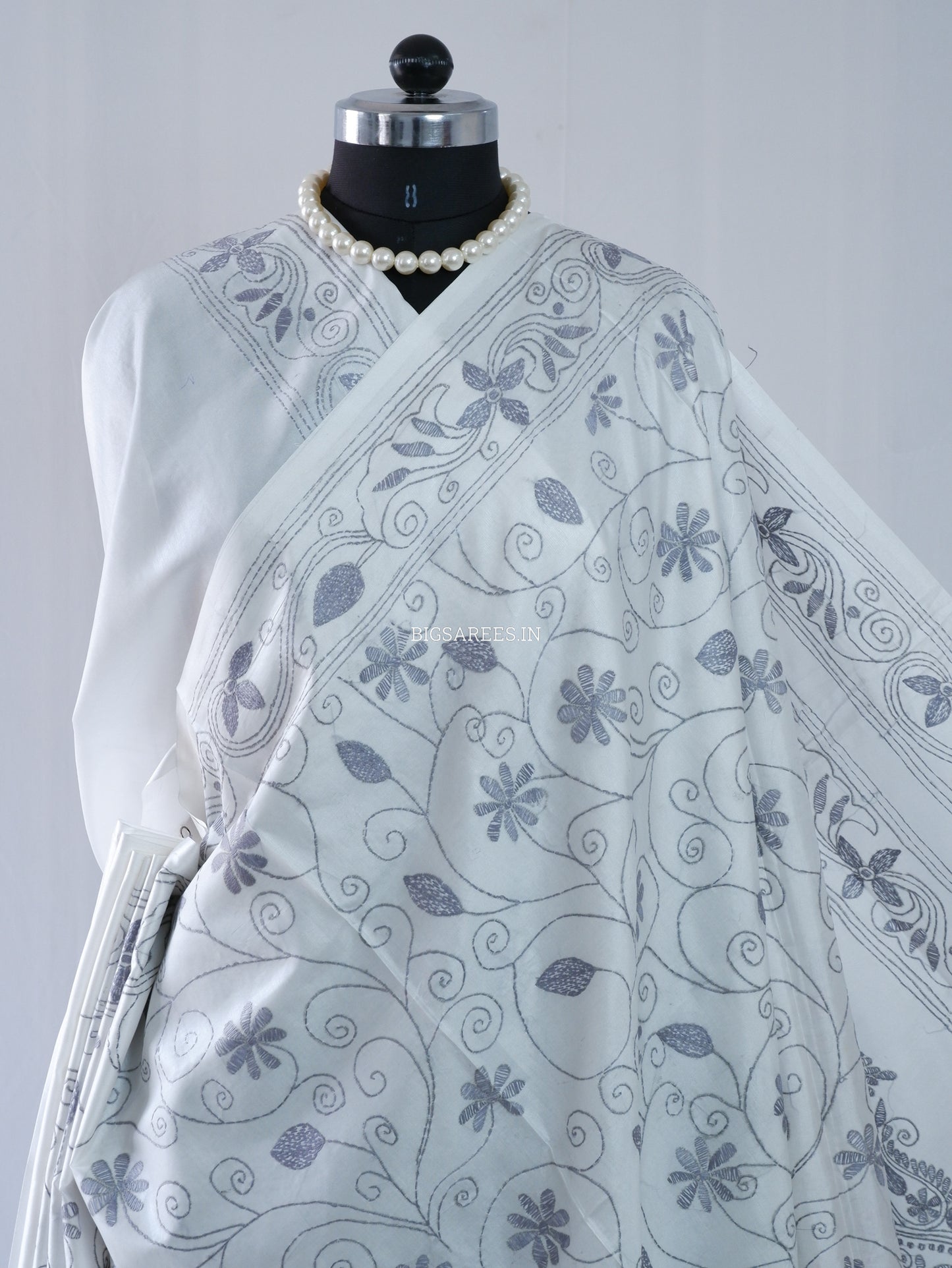 Kantha Stitch Hand Embroidered Saree | Blended Bangalore Silk / Art Silk | White