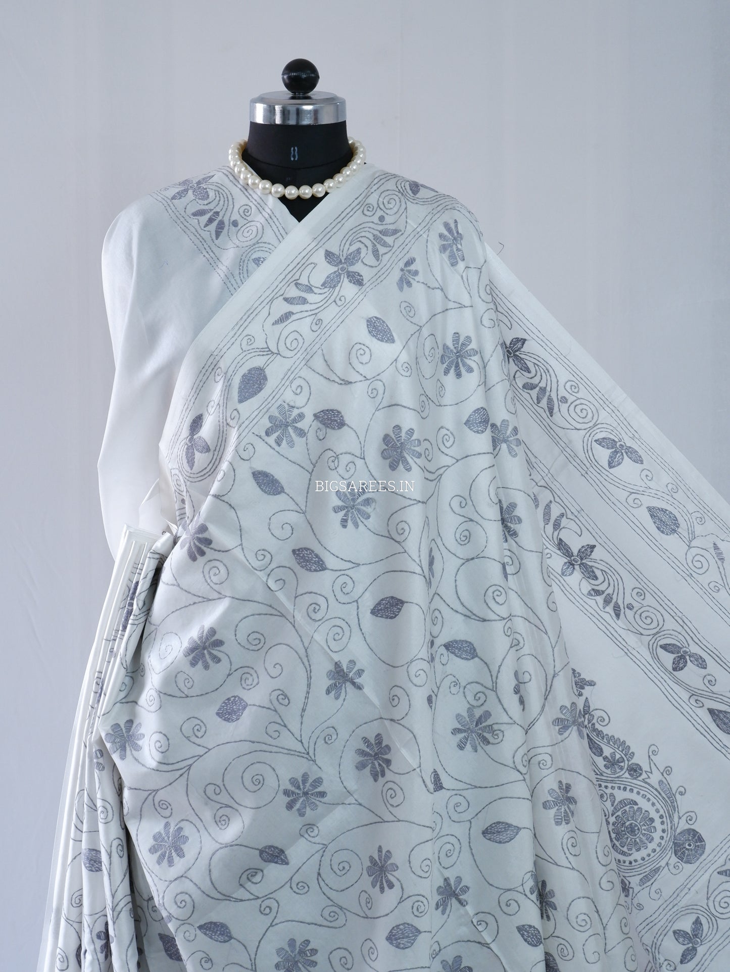 Kantha Stitch Hand Embroidered Saree | Blended Bangalore Silk / Art Silk | White