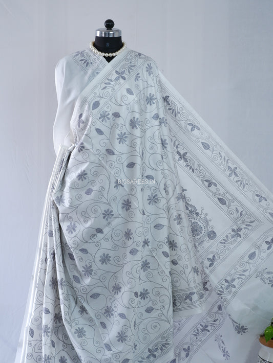 Kantha Stitch Hand Embroidered Saree | Blended Bangalore Silk / Art Silk | White