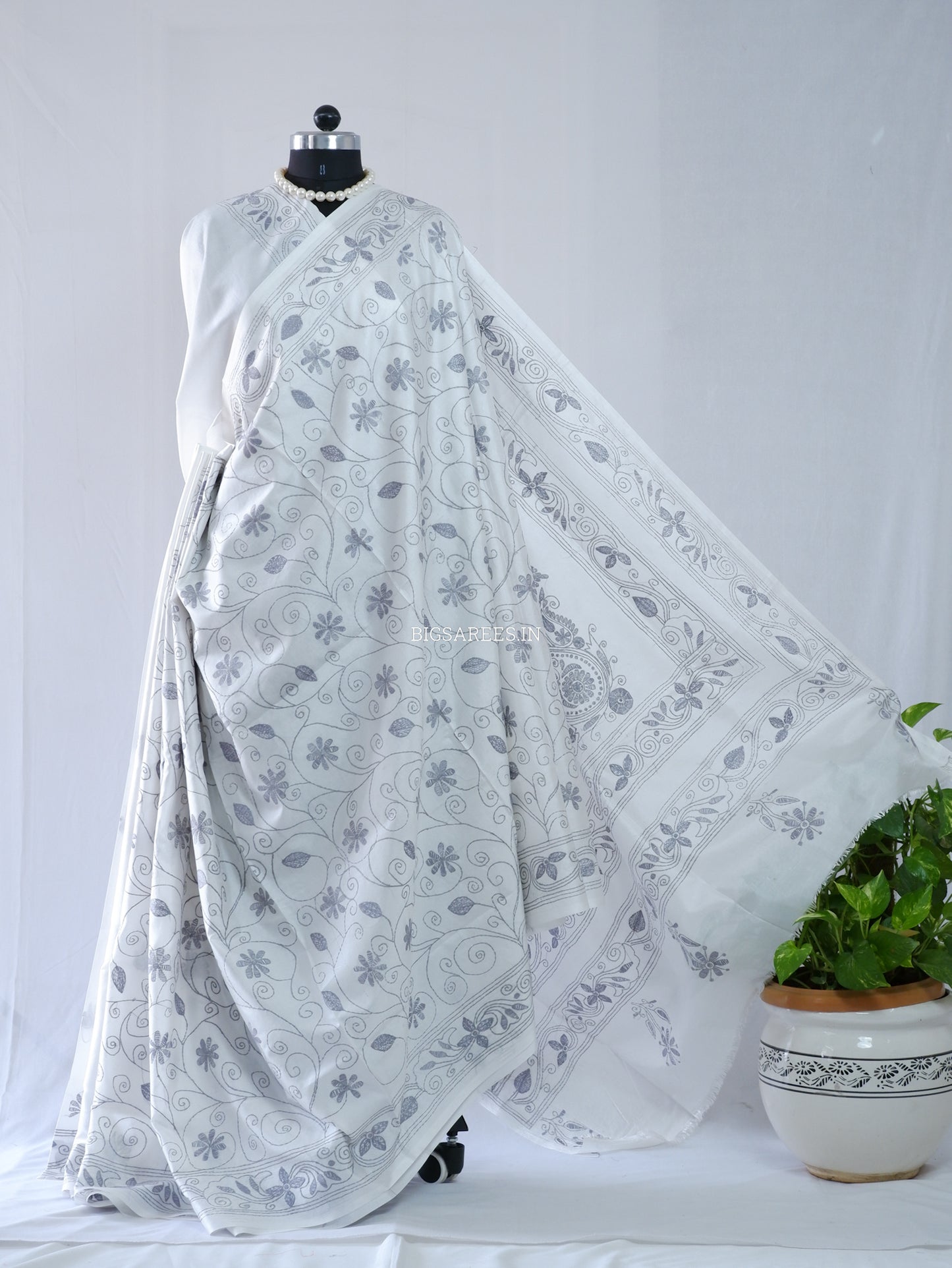 Kantha Stitch Hand Embroidered Saree | Blended Bangalore Silk / Art Silk | White