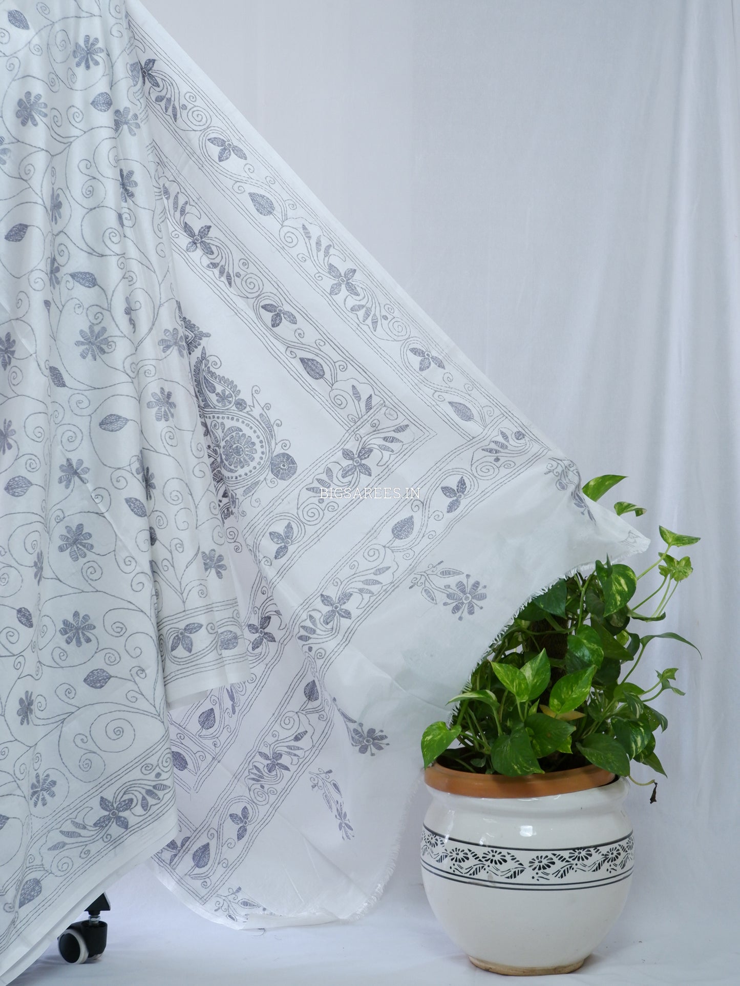 Kantha Stitch Hand Embroidered Saree | Blended Bangalore Silk / Art Silk | White