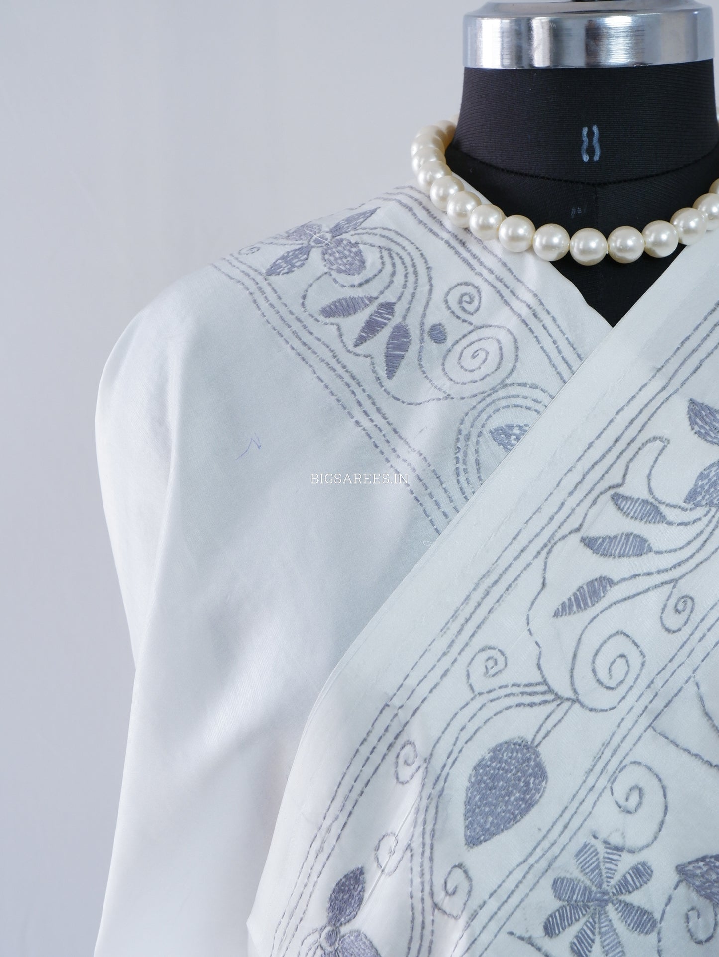 Kantha Stitch Hand Embroidered Saree | Blended Bangalore Silk / Art Silk | White