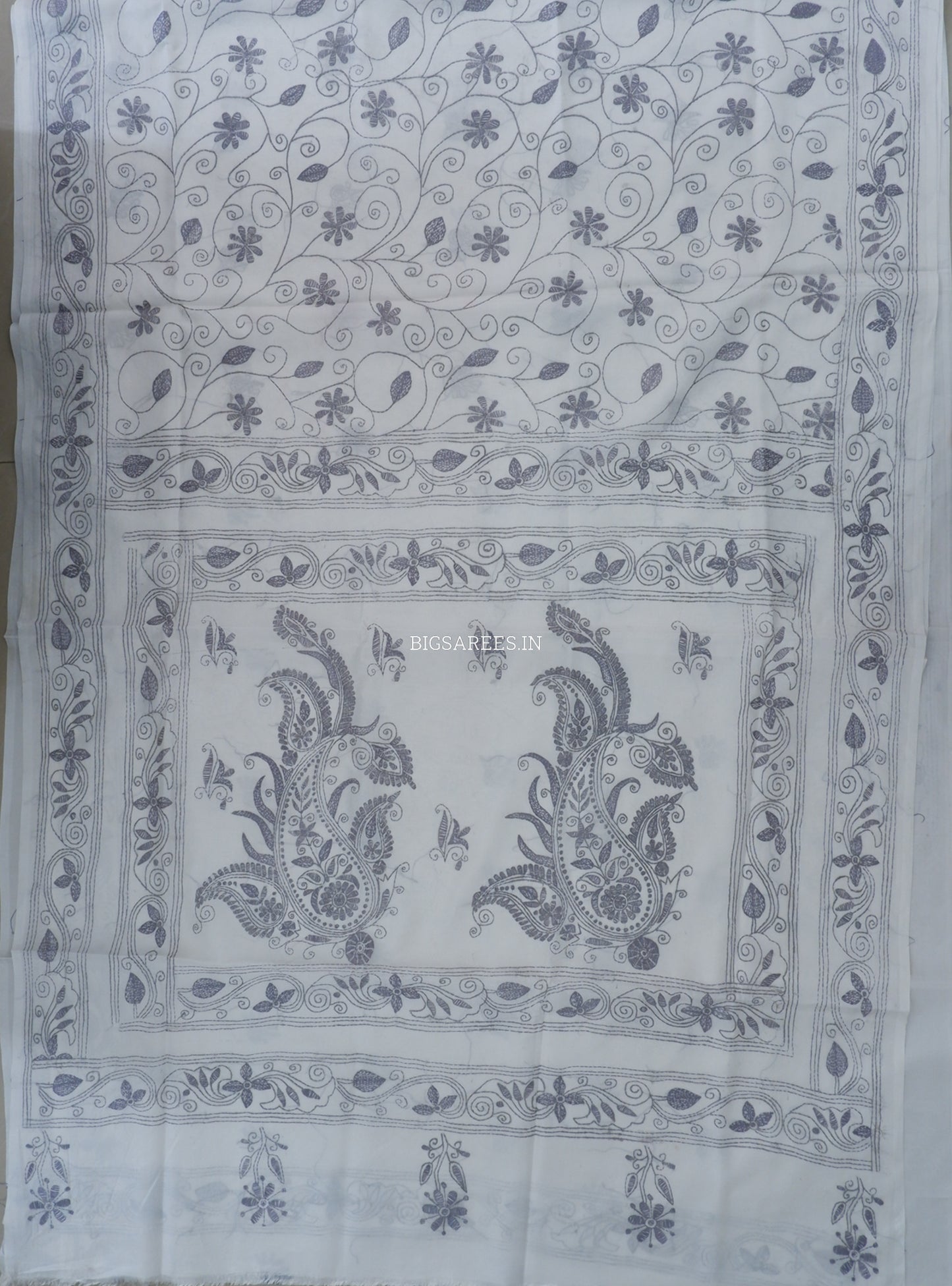 Kantha Stitch Hand Embroidered Saree | Blended Bangalore Silk / Art Silk | White