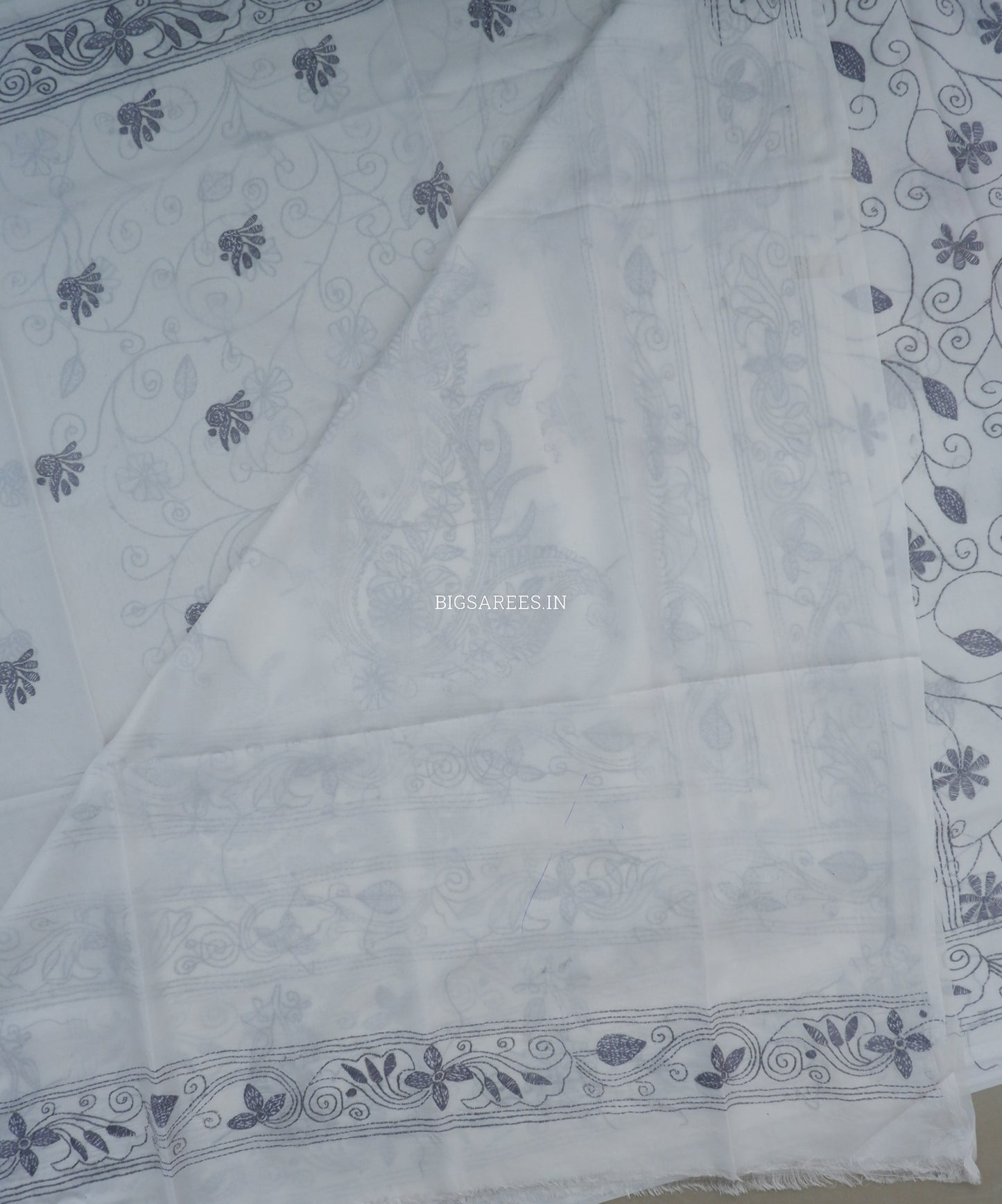 Kantha Stitch Hand Embroidered Saree | Blended Bangalore Silk / Art Silk | White