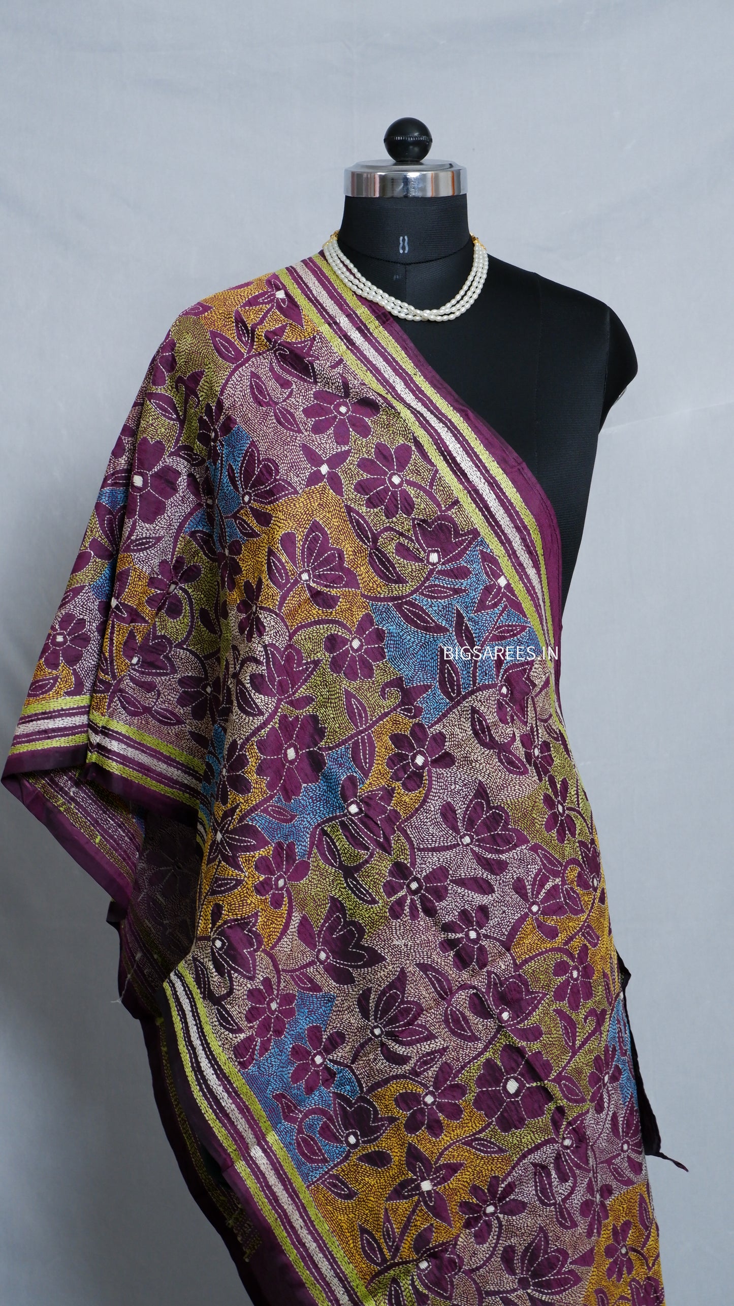 Kantha Art Silk Stole | Blackcurrant | 22" |