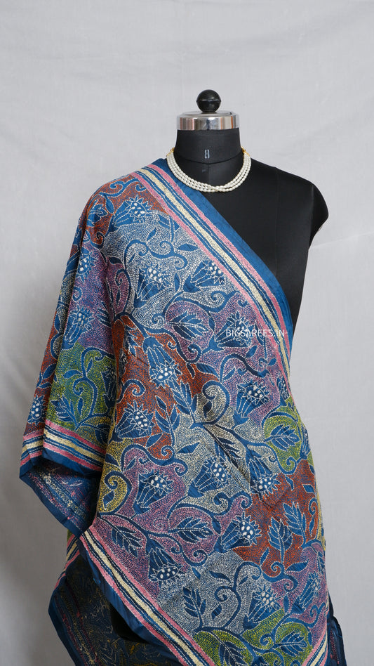 Kantha Art Silk Stole | Peacock Blue | 22" |