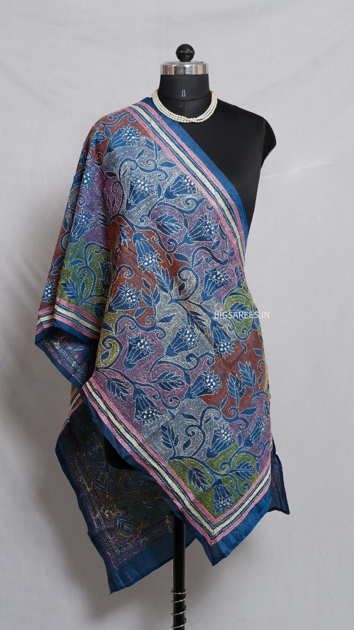 Kantha Art Silk Stole | Peacock Blue | 22" |