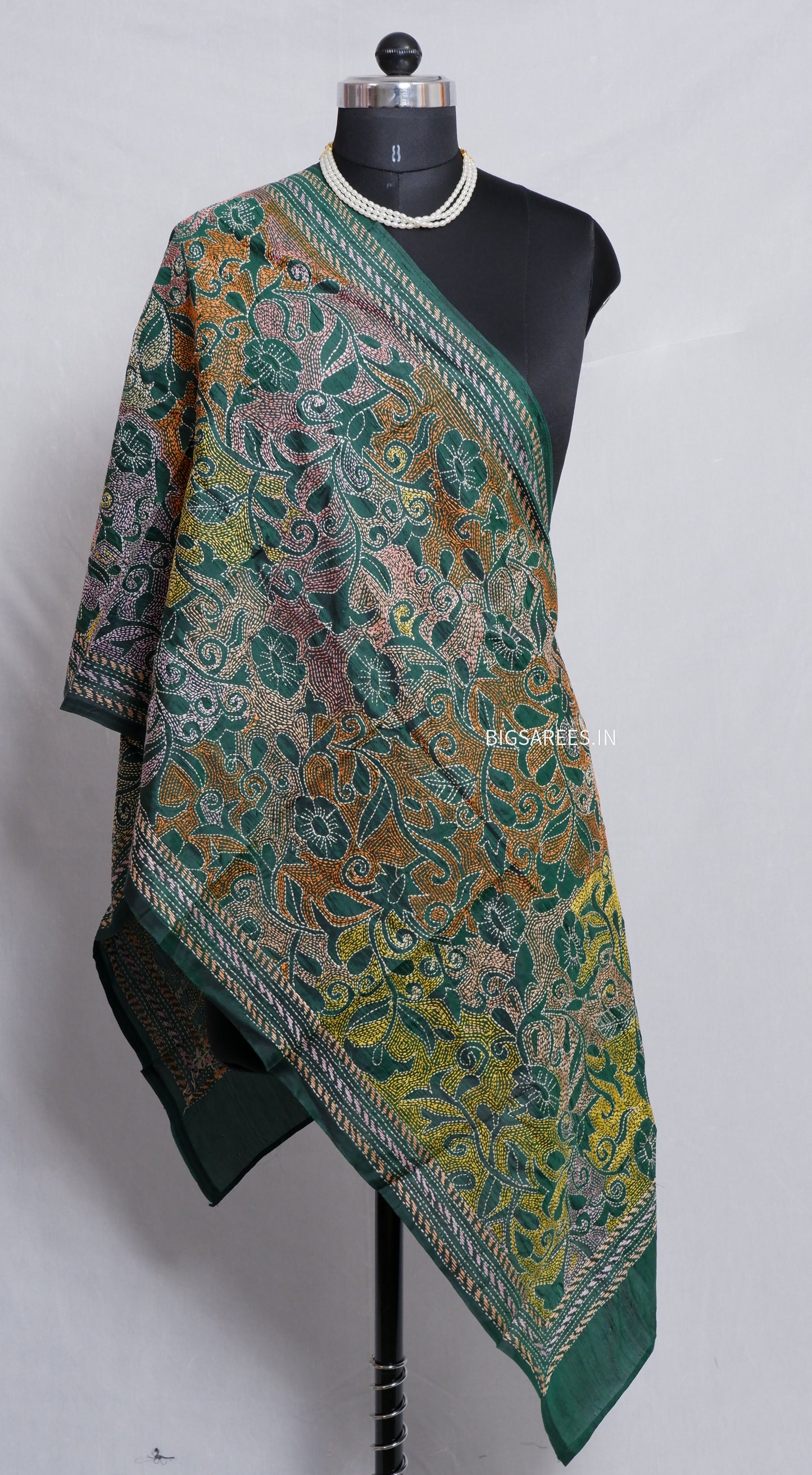 Kantha Art Silk Stole | Forest Green | 22" |