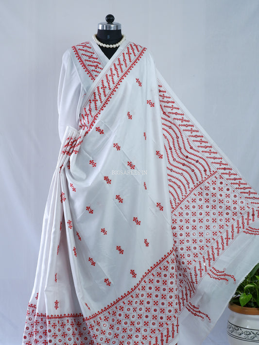Kutchi/Gujarati Hand Embroidered Saree  | Blended Bangalore Silk / Art Silk | White