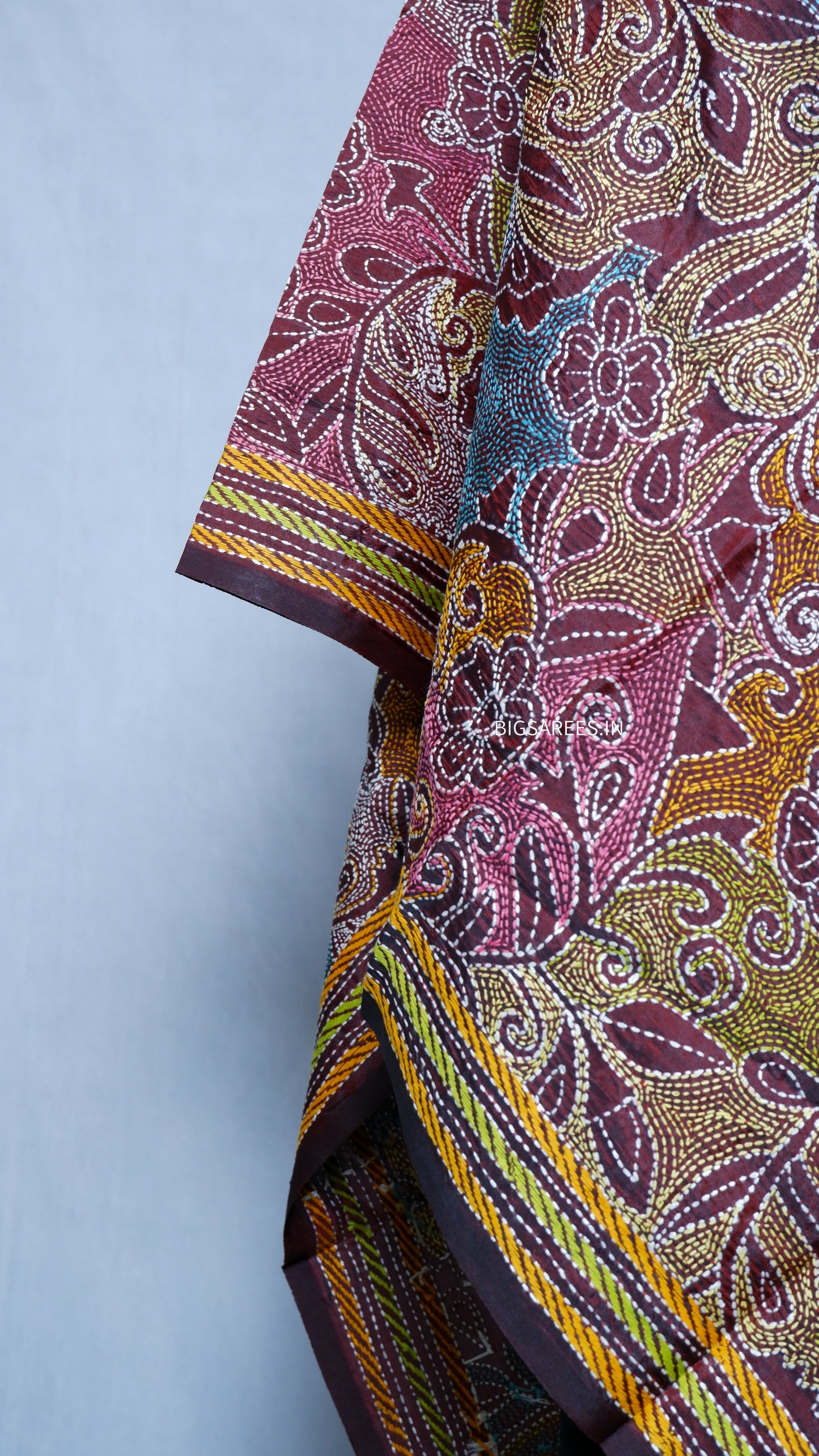 Kantha Art Silk Stole | Muted Reddish-Brown | 22" |