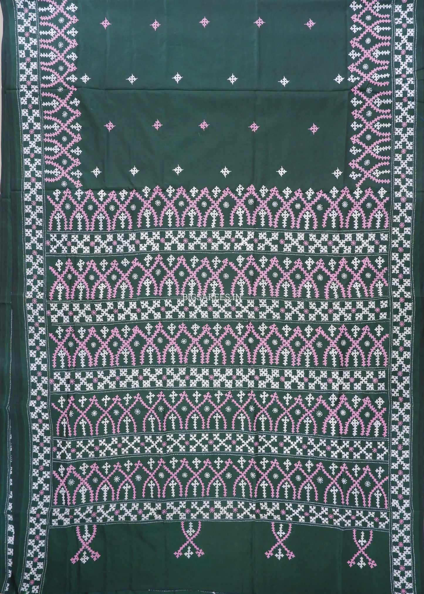 Kutchi/Gujarati Hand Embroidered Saree  | Blended Bangalore Silk / Art Silk | Forest Green