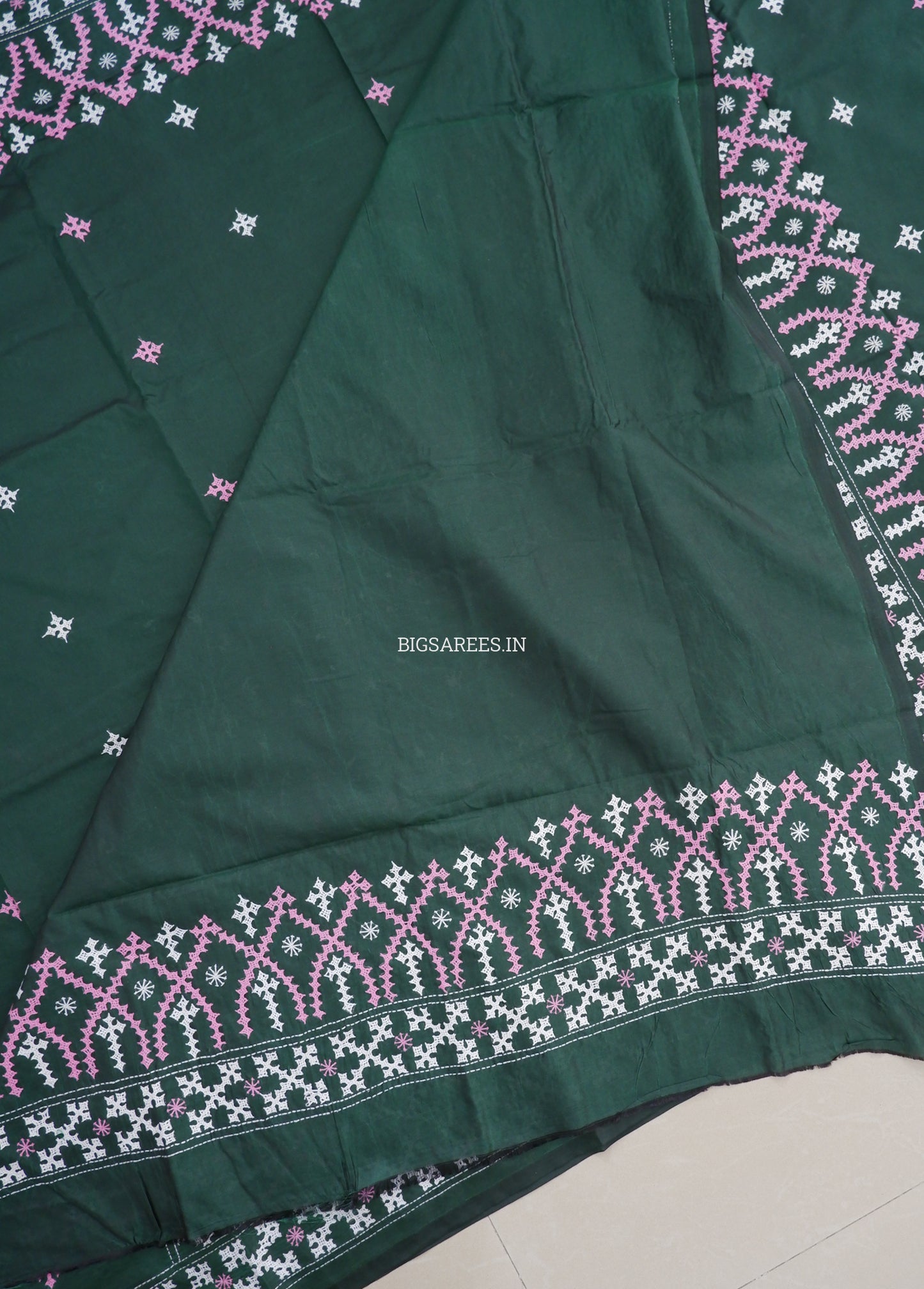 Kutchi/Gujarati Hand Embroidered Saree  | Blended Bangalore Silk / Art Silk | Forest Green