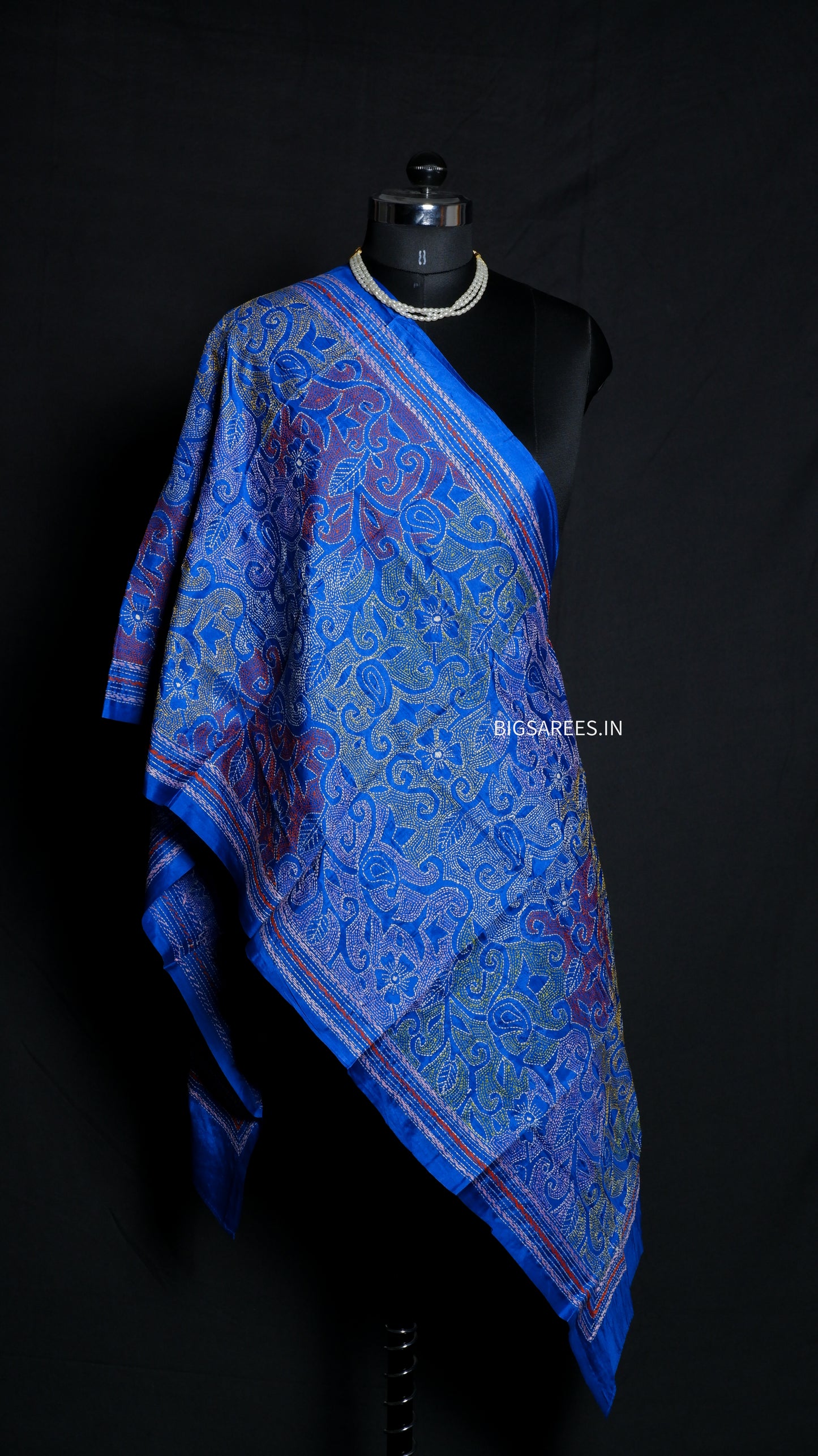 Kantha Art Silk Stole | Cobalt Blue | 22" |