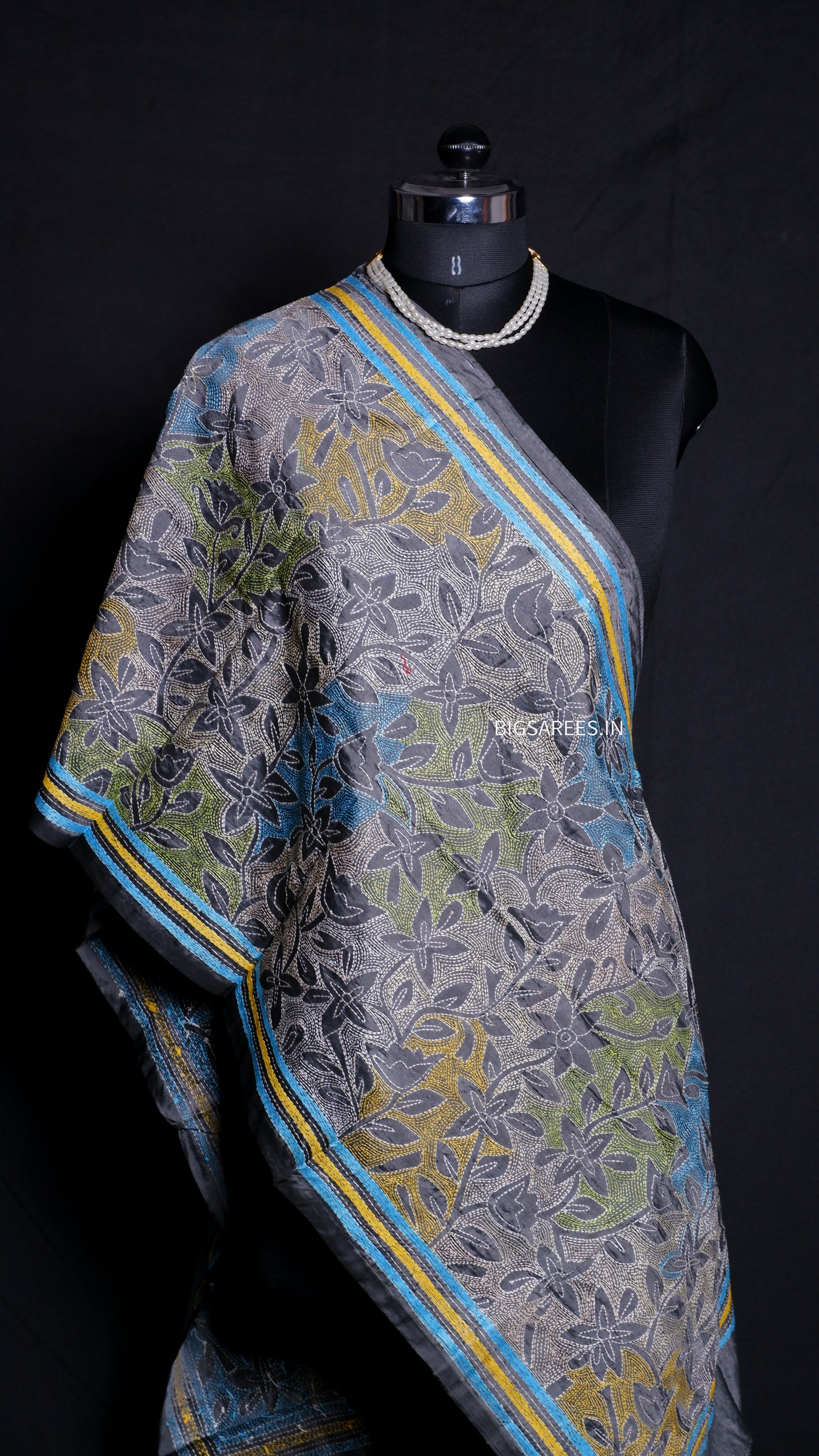 Kantha Art Silk Stole | Gray | 22" |