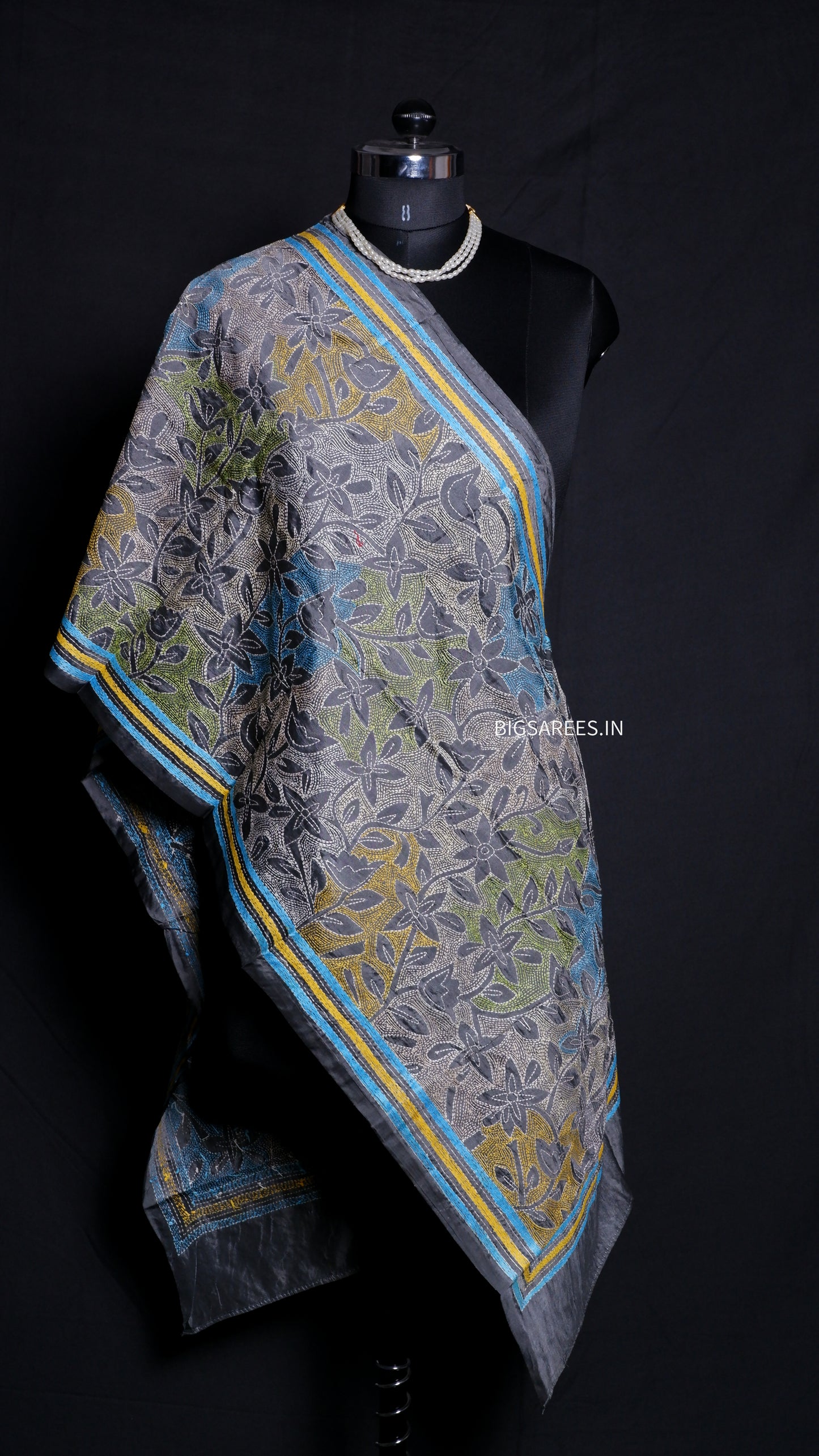 Kantha Art Silk Stole | Gray | 22" |