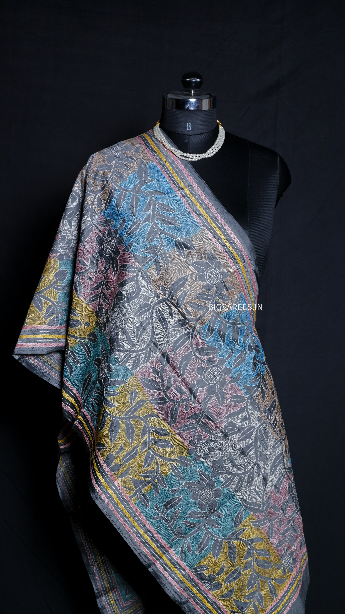 Kantha Art Silk Stole | Gray | 22" |