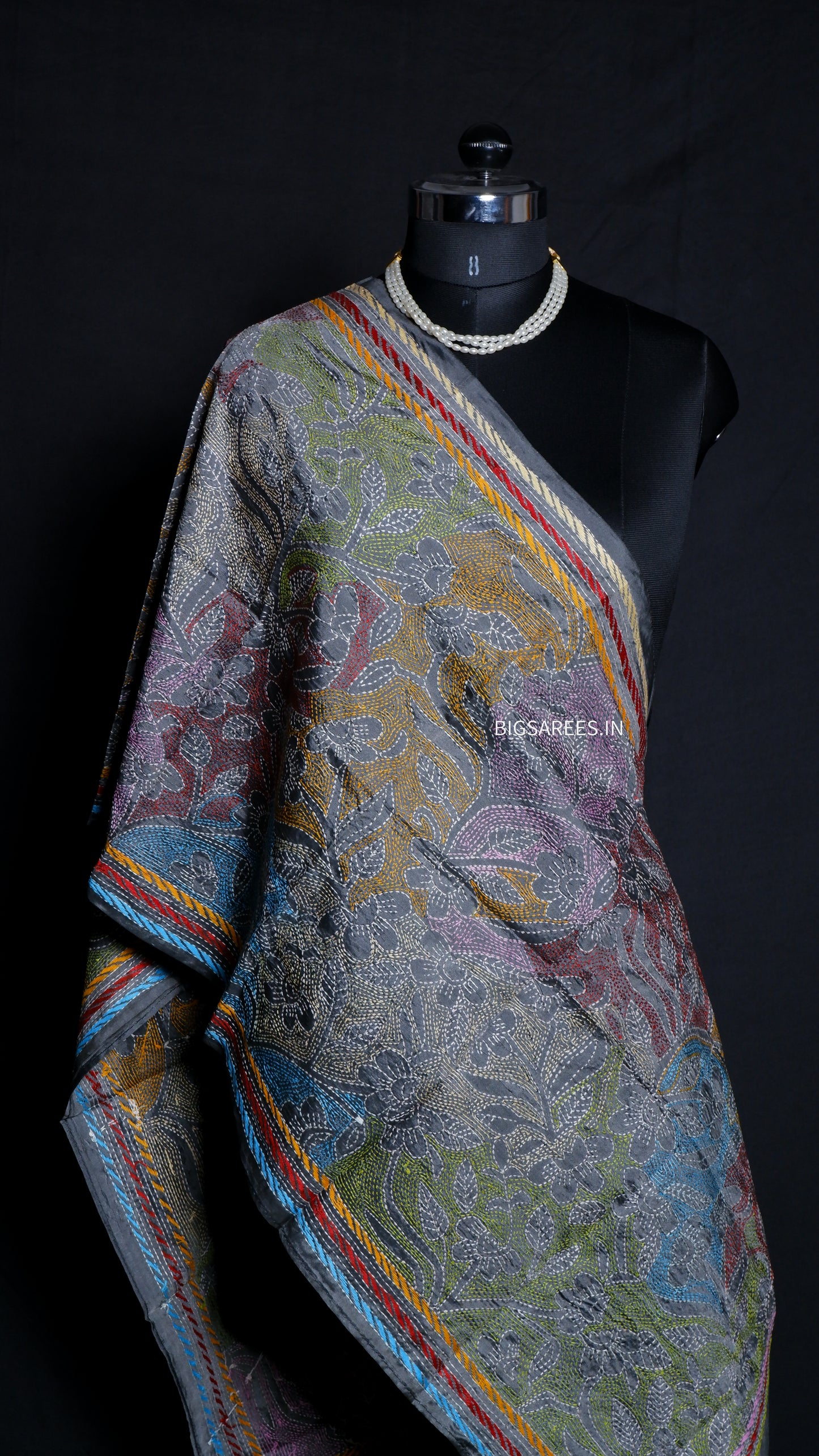 Kantha Art Silk Stole | Gray | 22" |