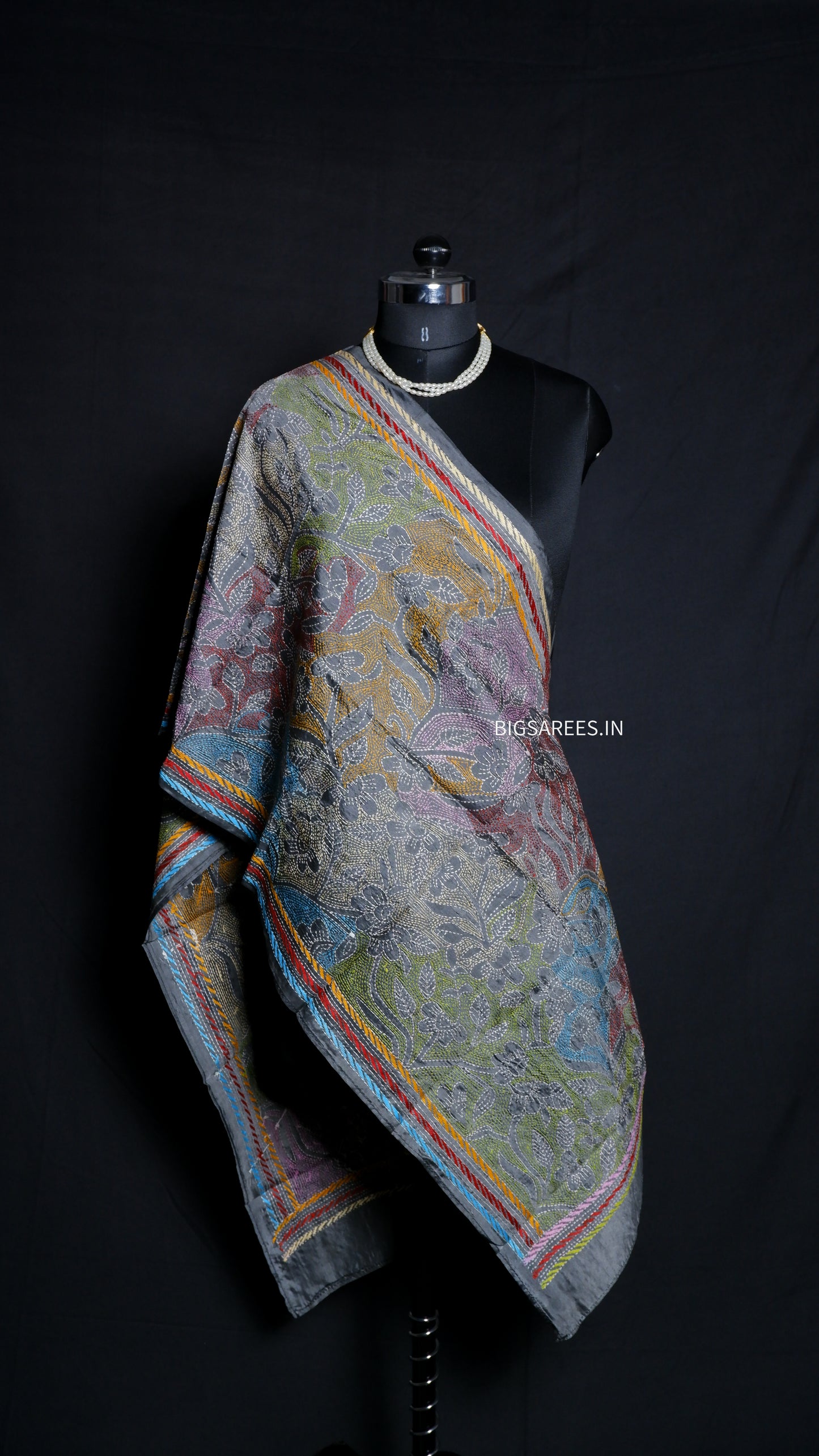 Kantha Art Silk Stole | Gray | 22" |