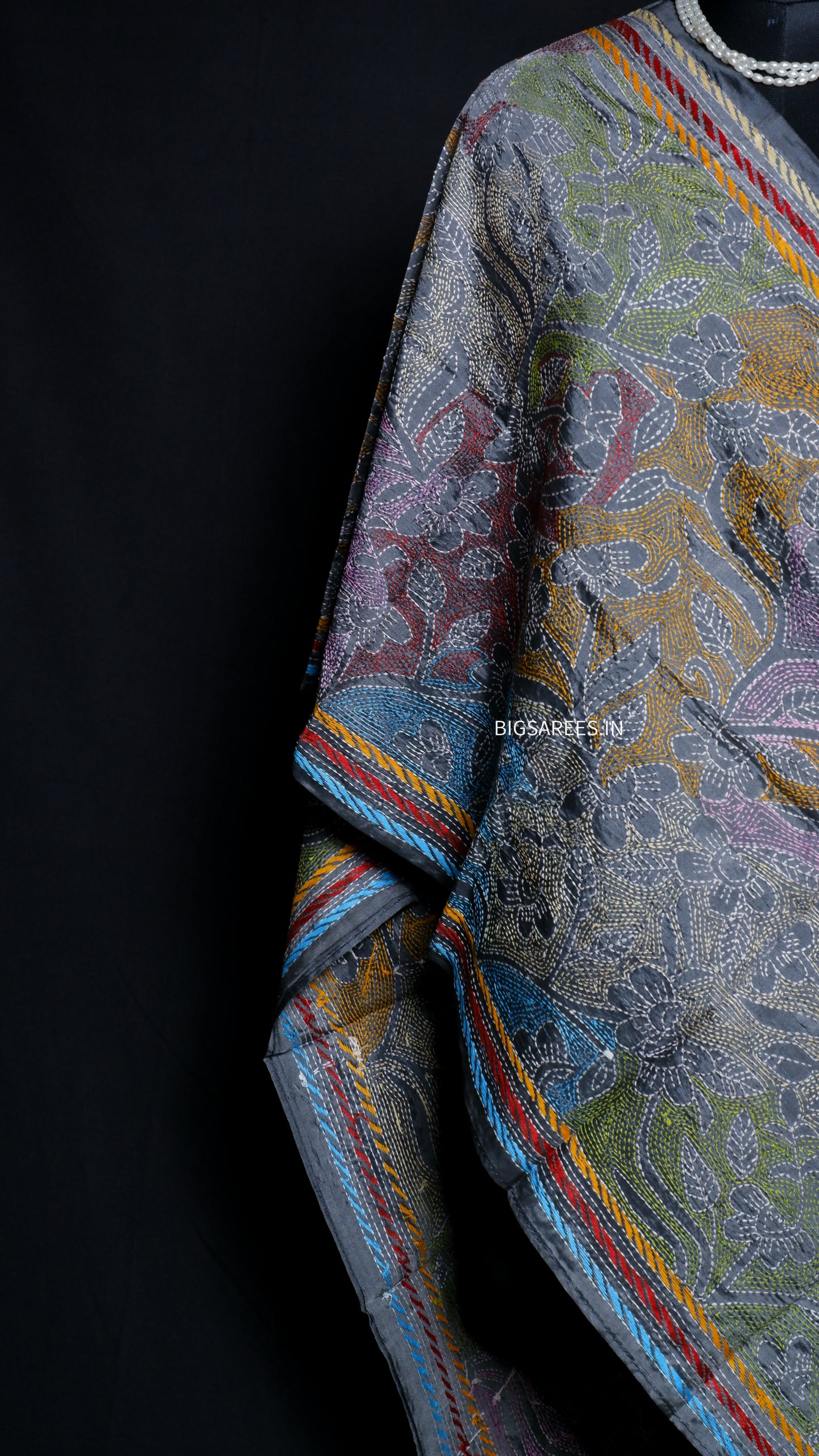 Kantha Art Silk Stole | Gray | 22" |