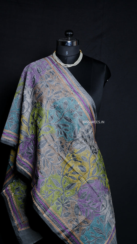 Kantha Art Silk Stole | Gray | 22" |
