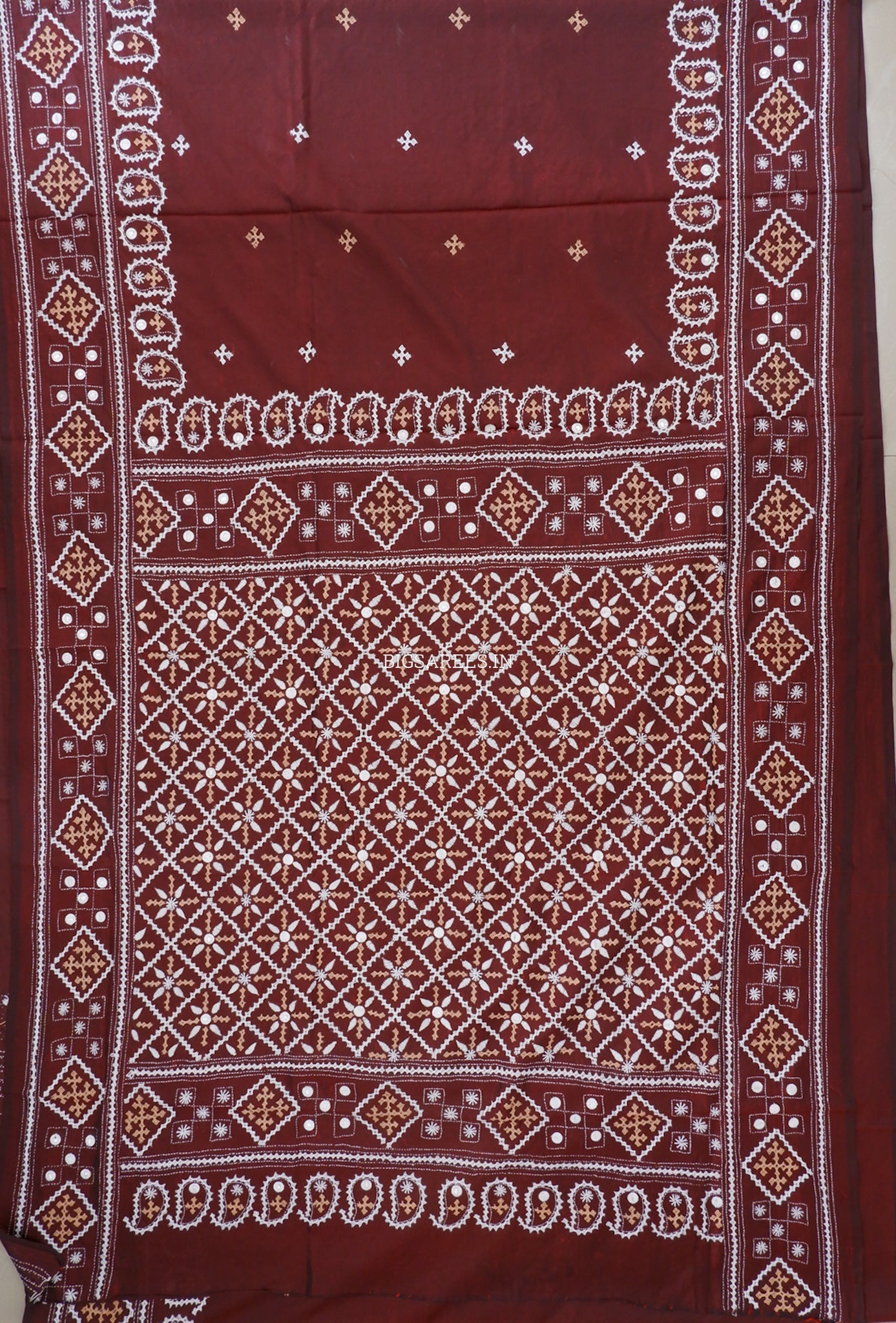 Kutchi/Gujarati Stitch Hand Embroidered Saree | Art Silk | Foil Mirror | Maroon