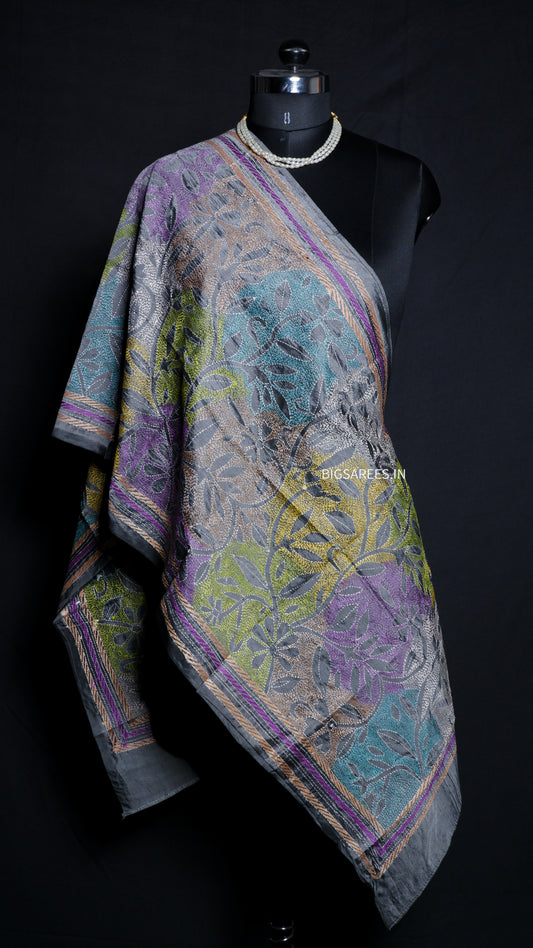 Kantha Art Silk Stole | Gray | 22" |