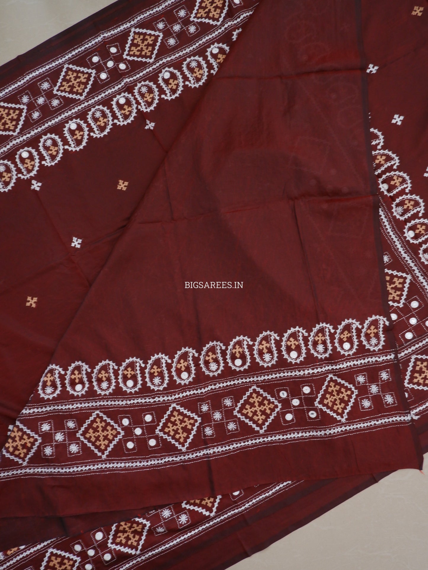 Kutchi/Gujarati Stitch Hand Embroidered Saree | Art Silk | Foil Mirror | Maroon