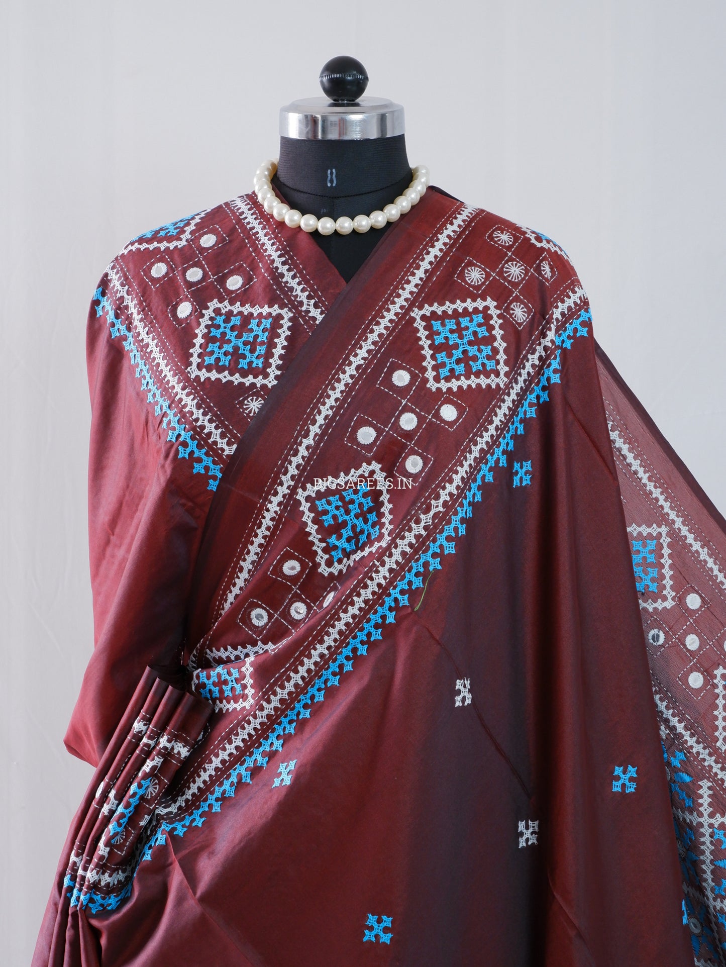 Kutchi/Gujarati Stitch Hand Embroidered Saree | Art Silk | Foil Mirror | Maroon