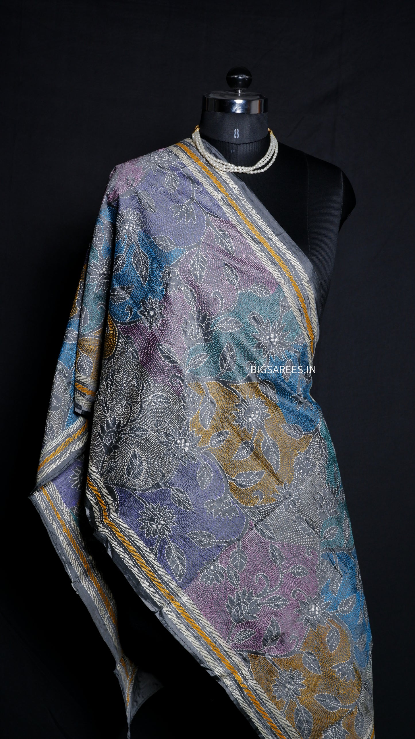 Kantha Art Silk Stole | Slate Gray | 22" |